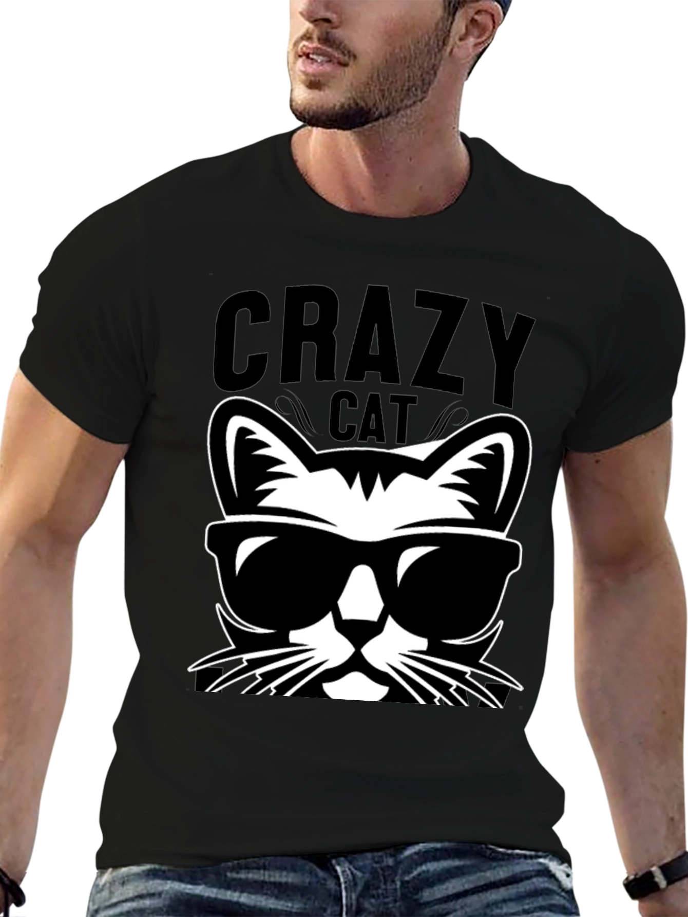 Black Crazy Cat Graphic Tee - Cool Cat T-Shirt view 6