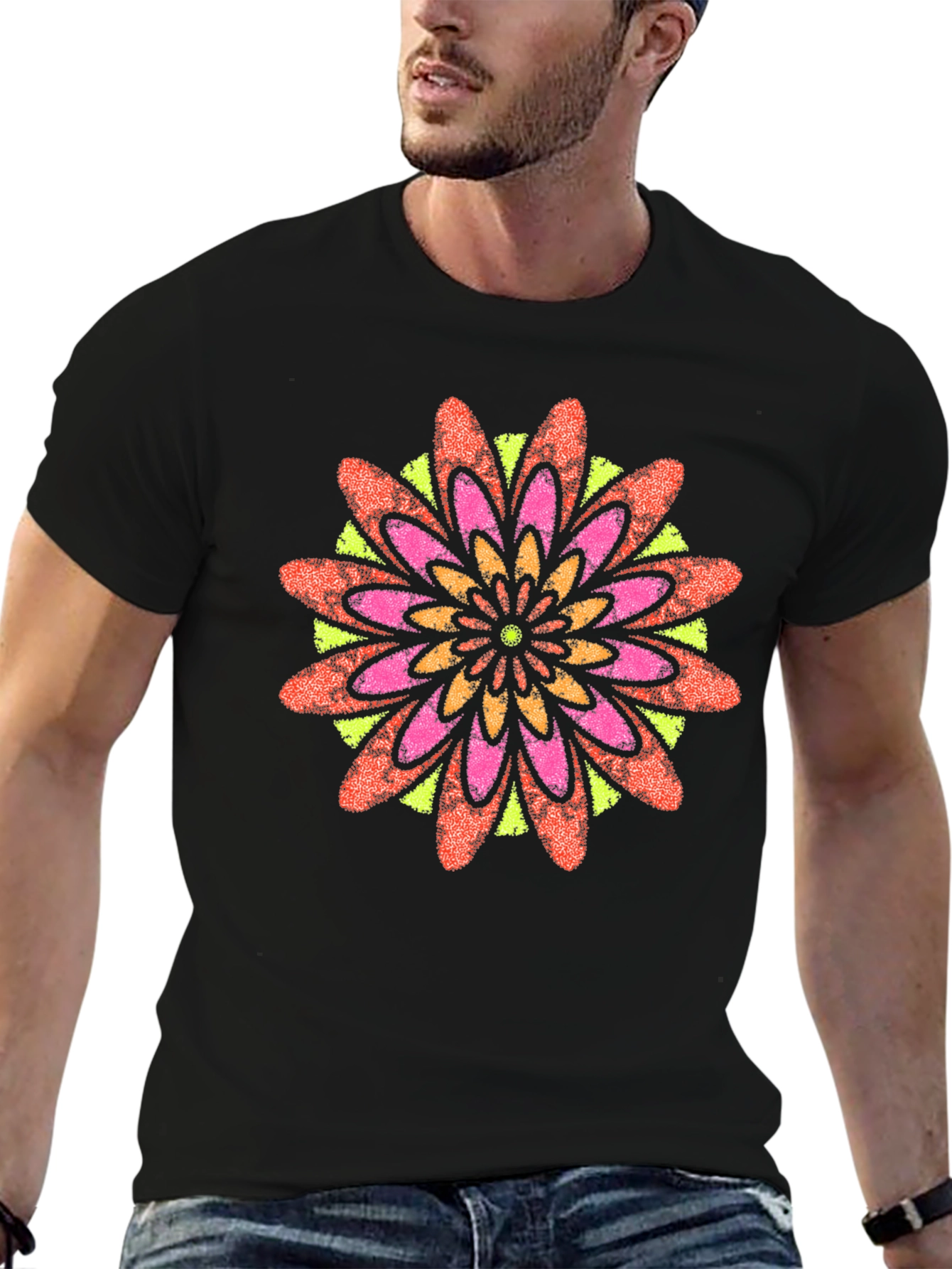 Black Vibrant Floral Mandala Black T-Shirt view 6