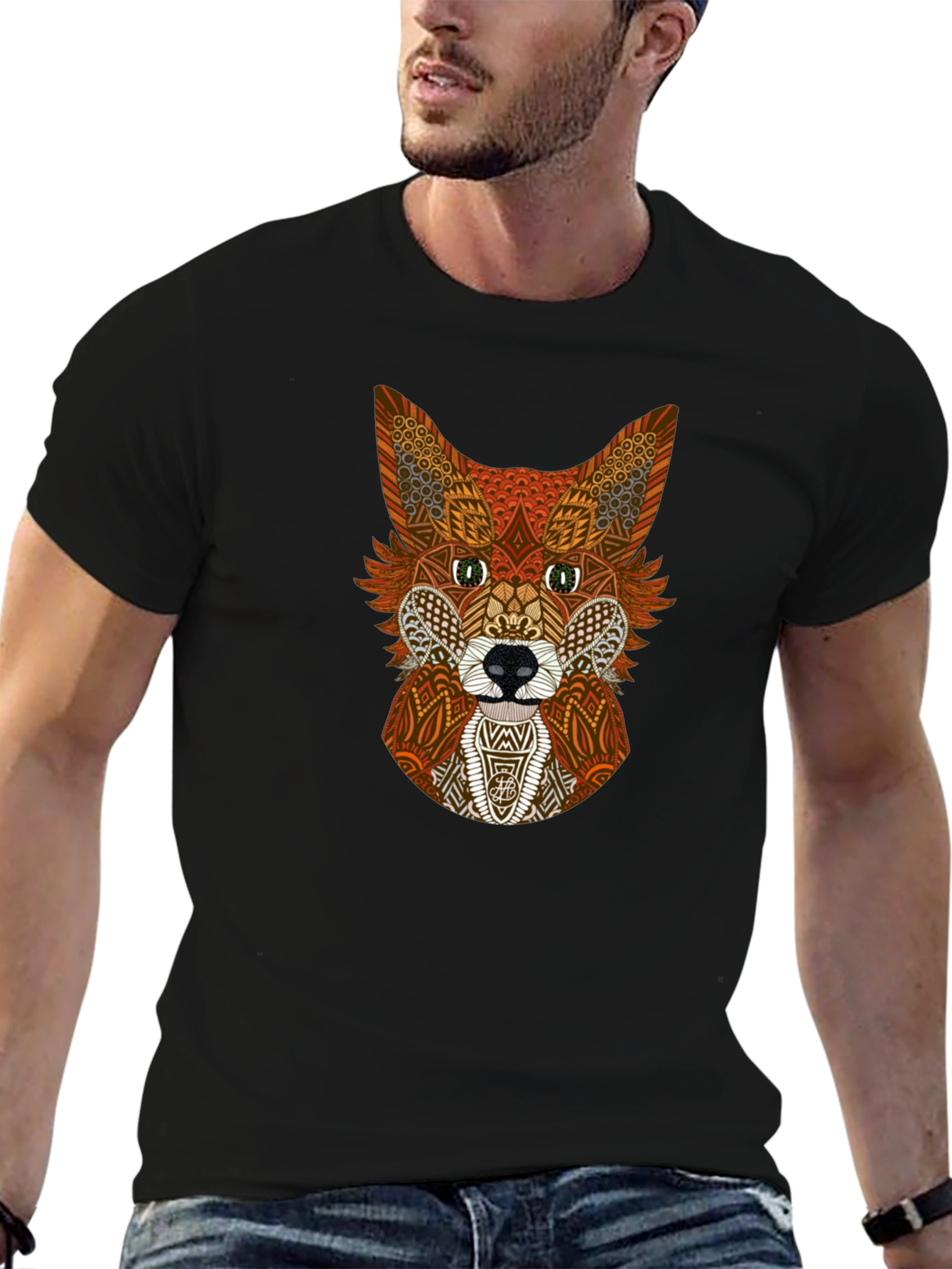 Black Geometric Fox Graphic Tee - Stylish Animal Print Shirt view 6