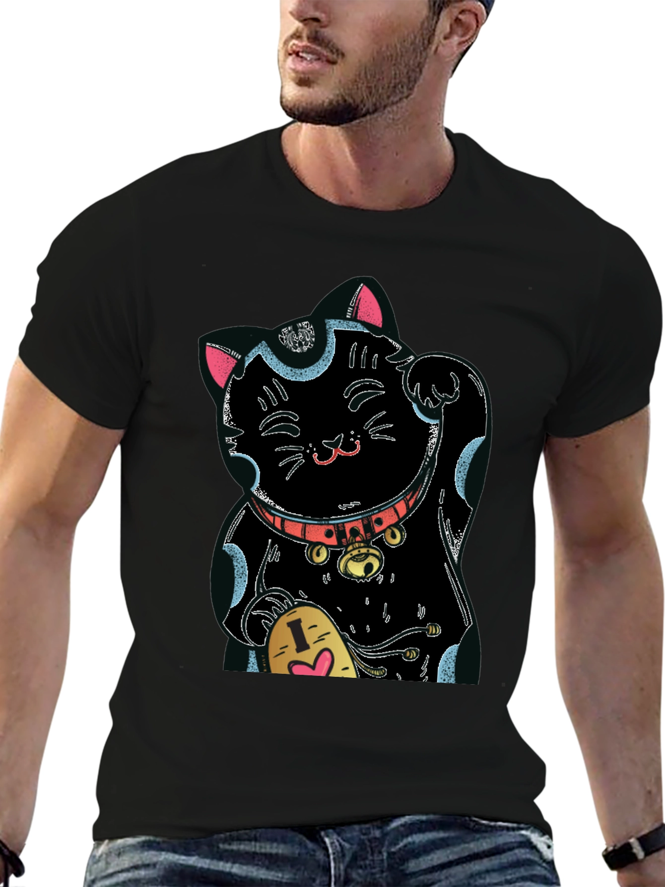 Black Lucky Cat Graphic Tee - Black Cotton Blend view 6