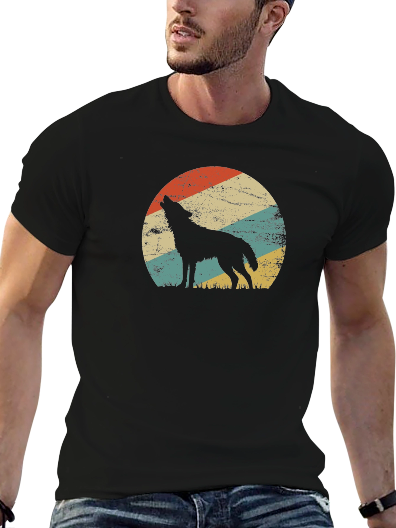 Black Wolf Silhouette Retro Sunset Black T-Shirt view 6