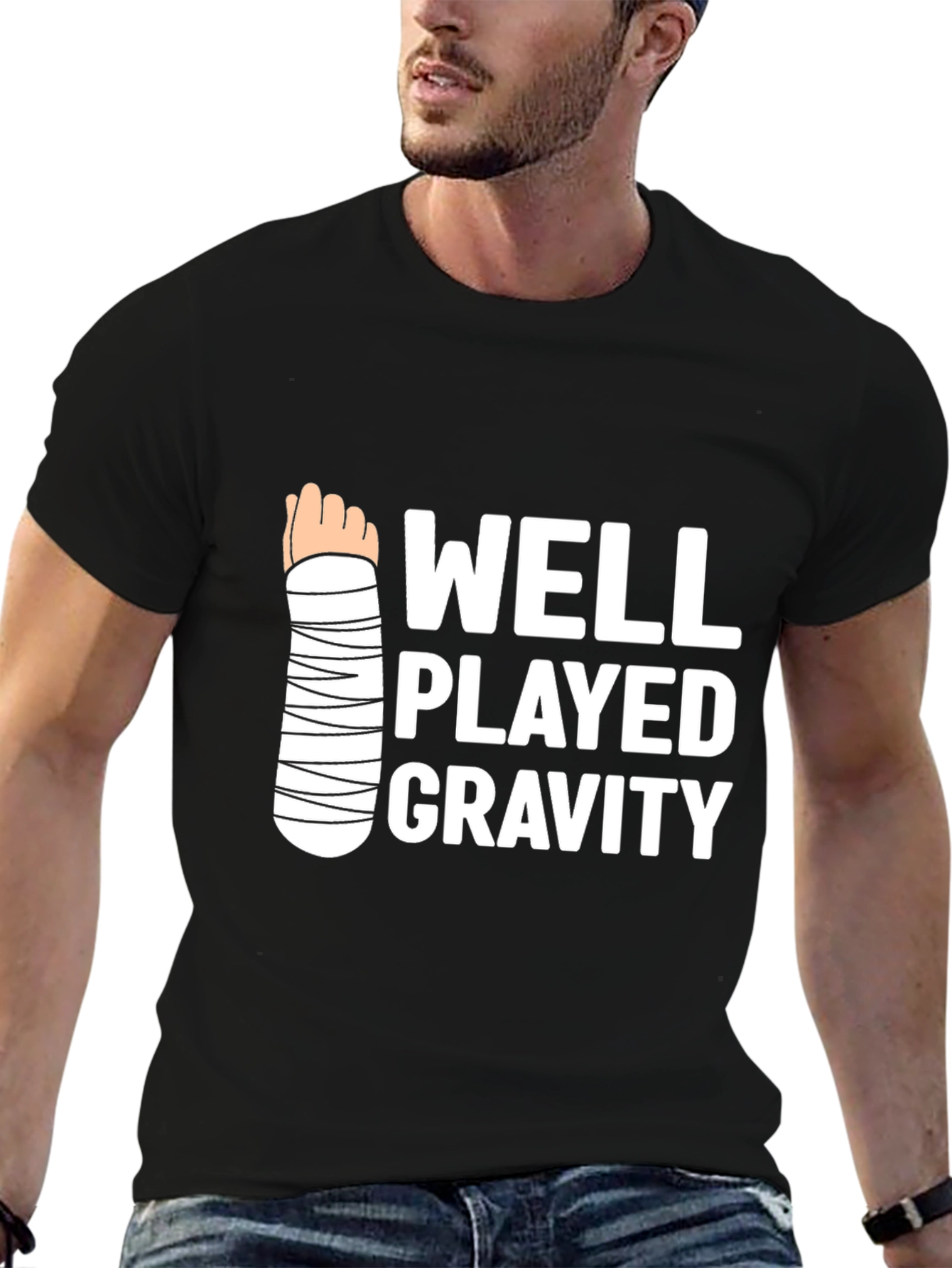 Black Funny Well Played Gravity T-Shirt - Broken Arm Humor Tee view 6