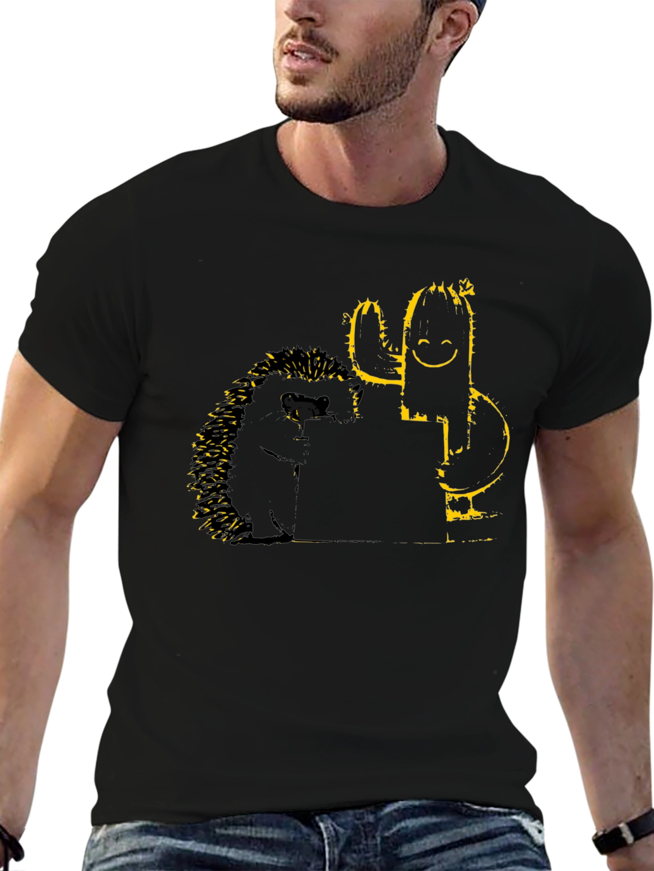 Black Hedgehog & Cactus Graphic T-Shirt - Black view 6