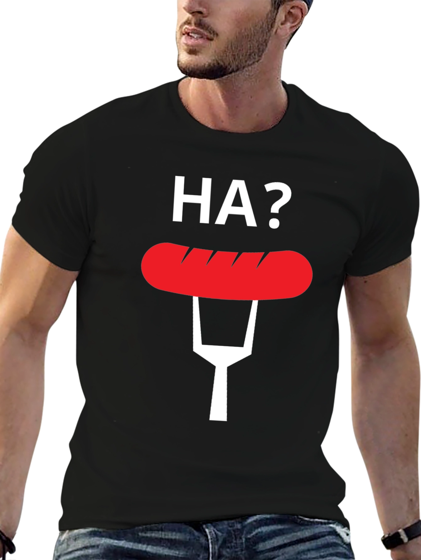 Black Funny "HA?" Hot Dog T-Shirt view 6