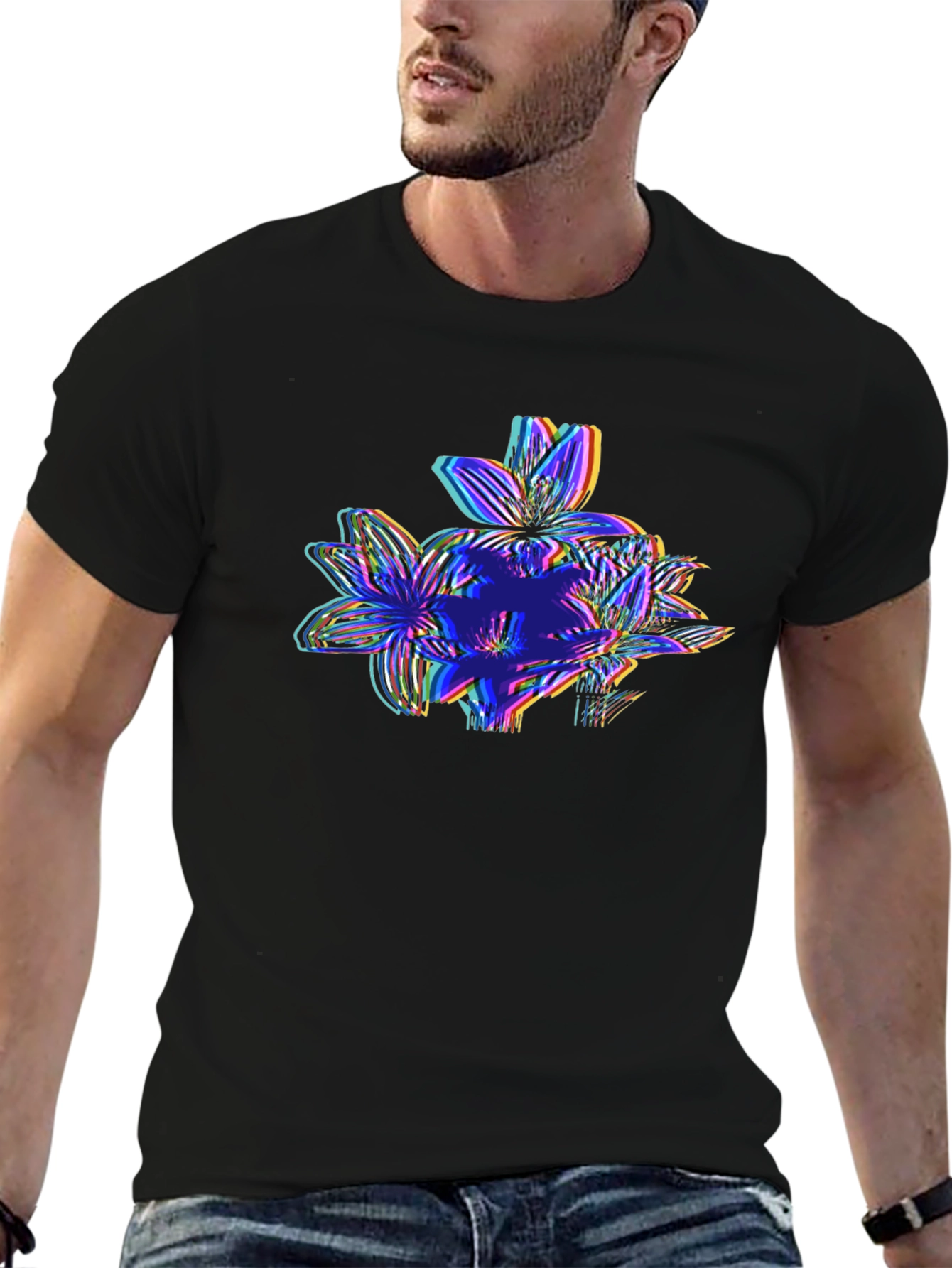 Black Vaporwave Floral Glitch Graphic Tee - Black view 6