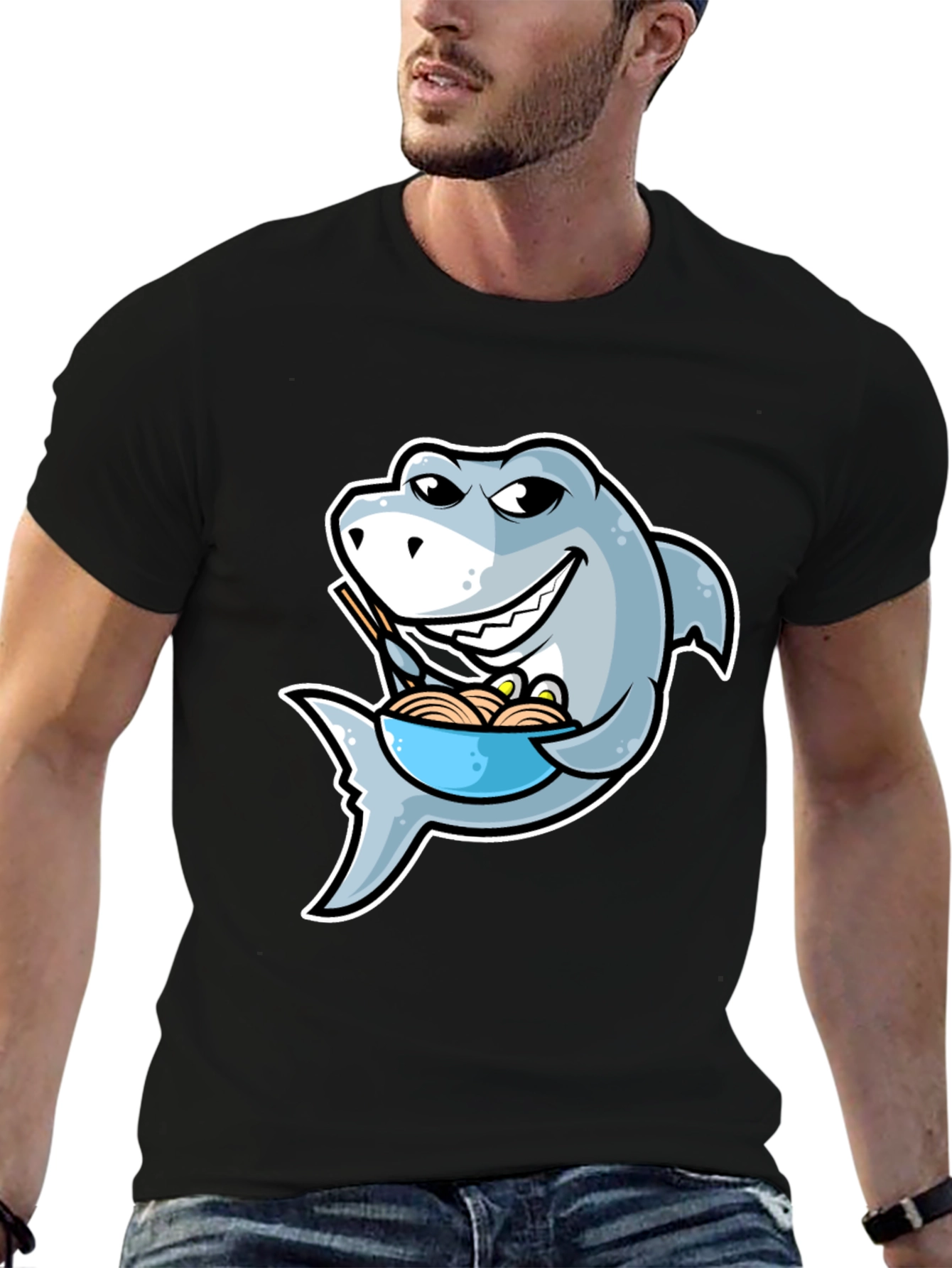 Black Shark Ramen T-Shirt - Funny Cartoon Graphic Tee view 6
