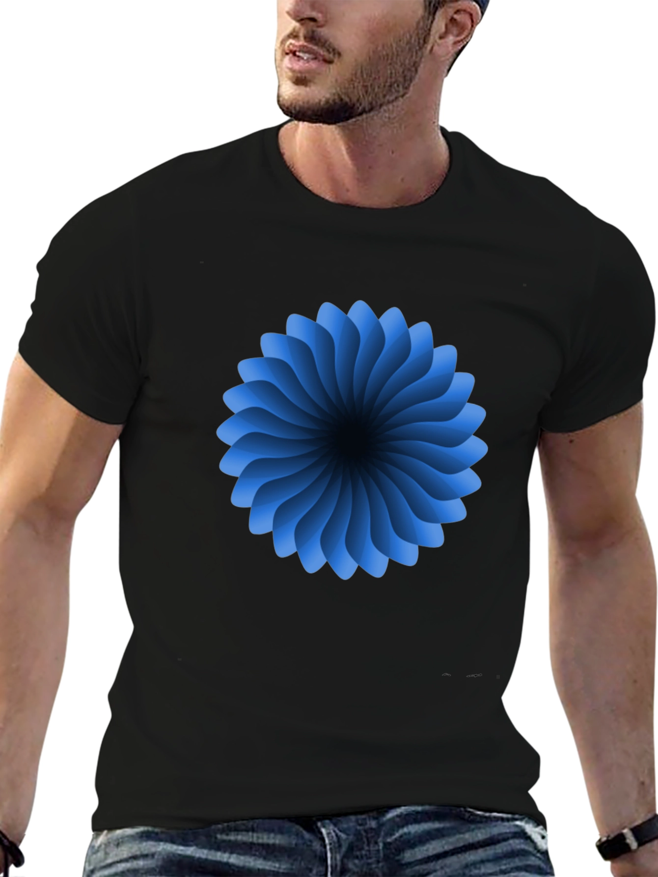 Black Abstract Blue Flower Graphic Black T-Shirt view 6