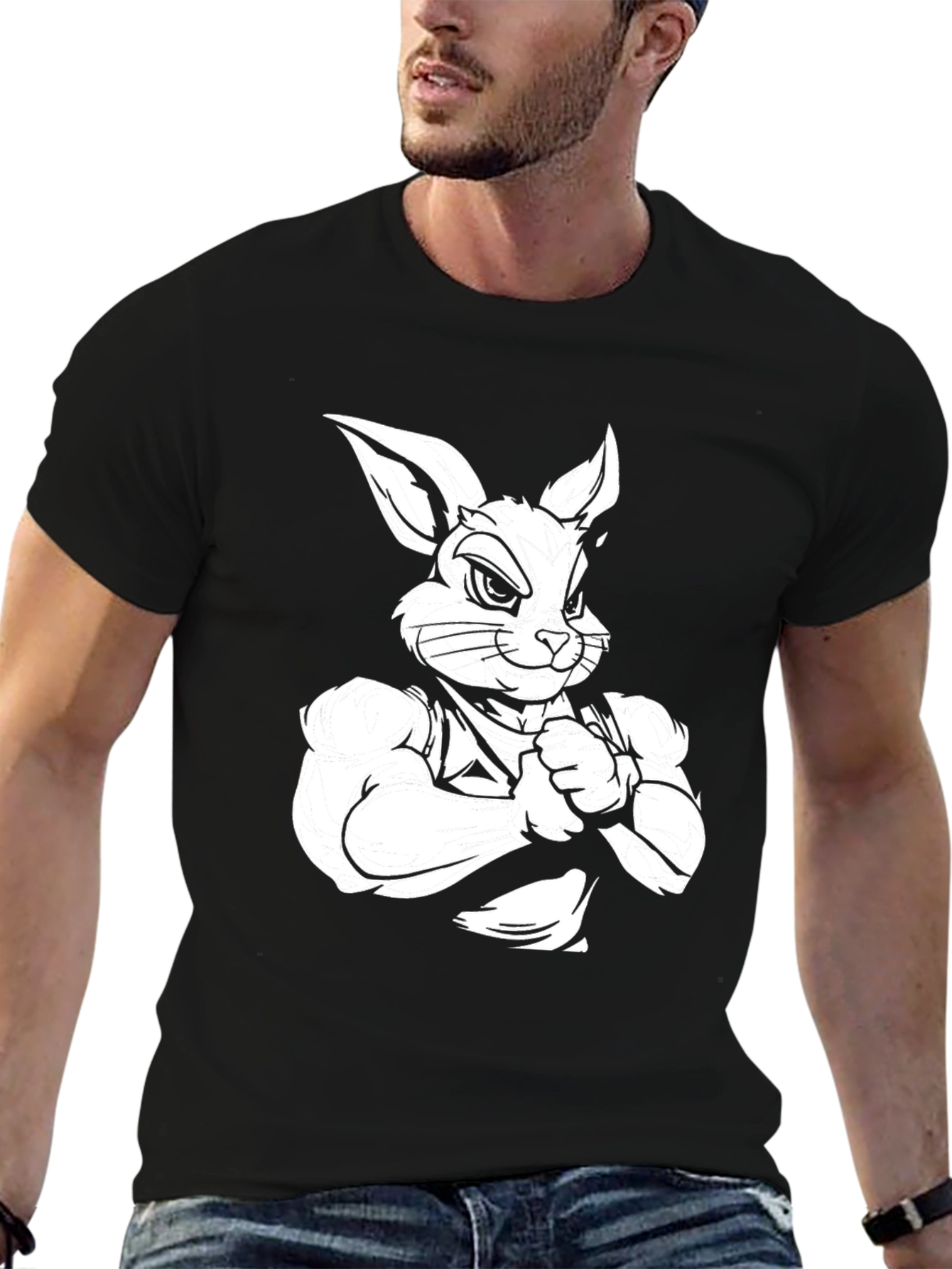 Black Black T-Shirt with Muscular Rabbit Graphic view 6