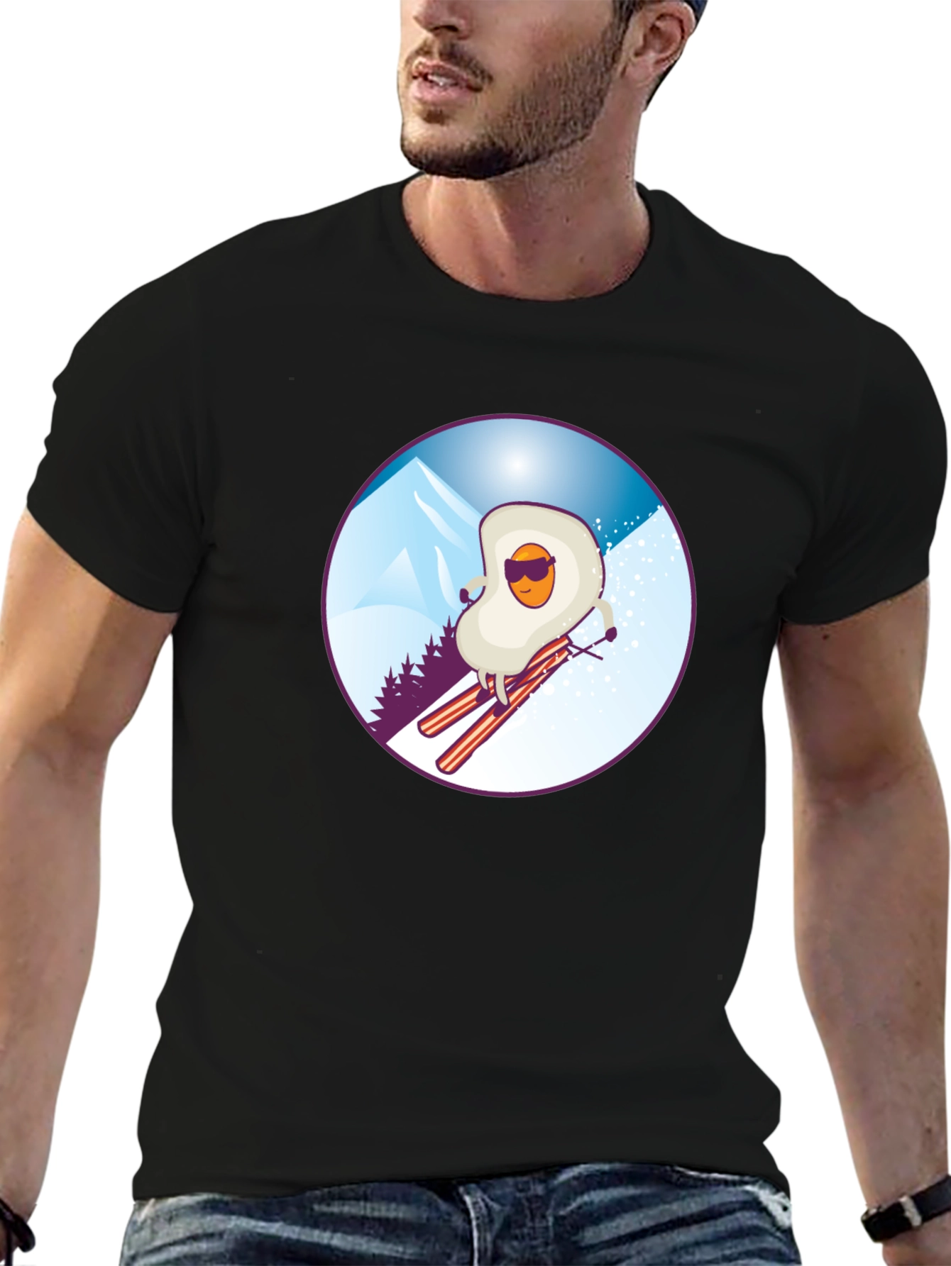 Black Funny Skiing Egg T-Shirt - Black view 6