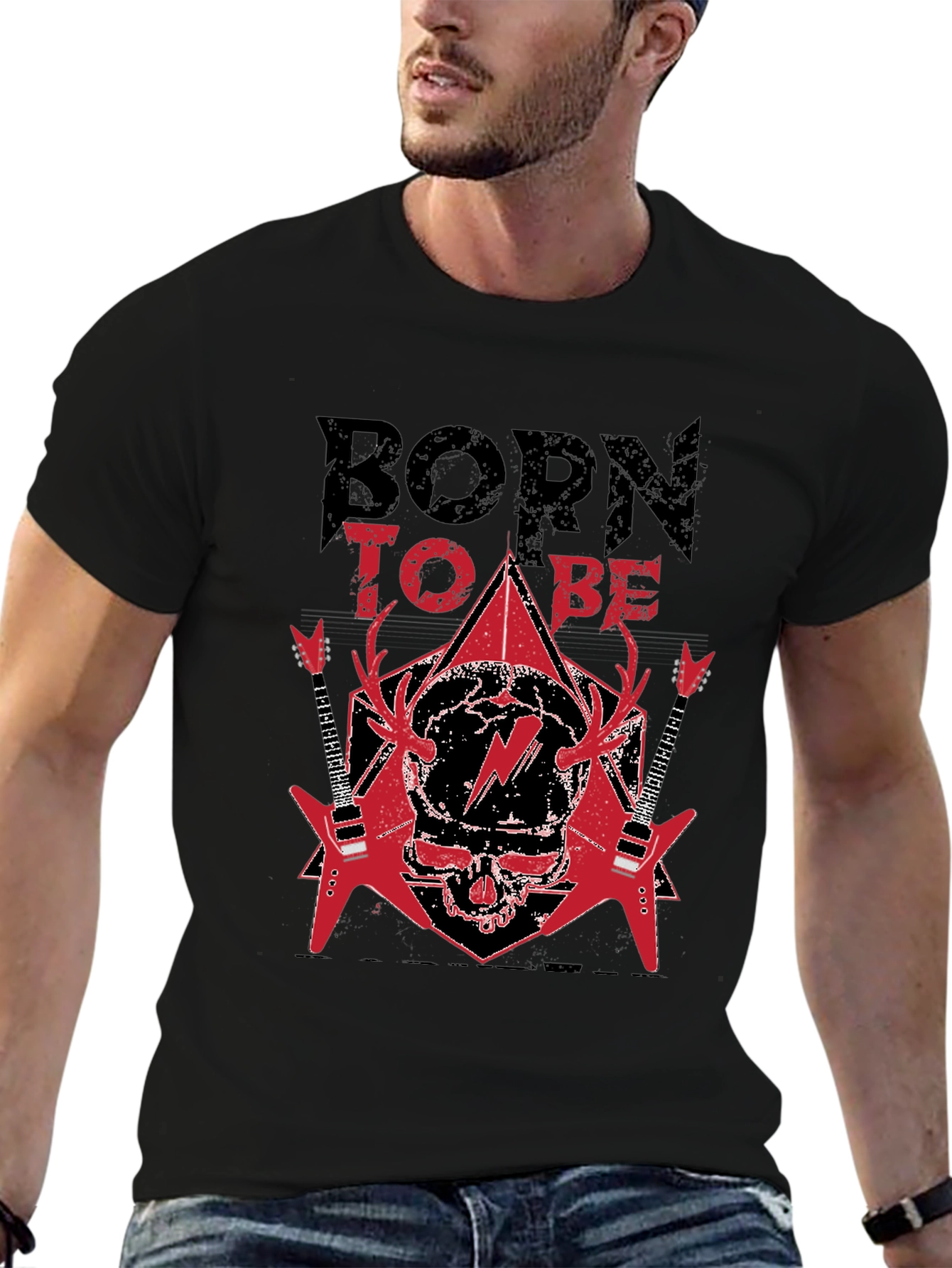 Black Born to Be Rock T-Shirt - Skull & Guitars view 6