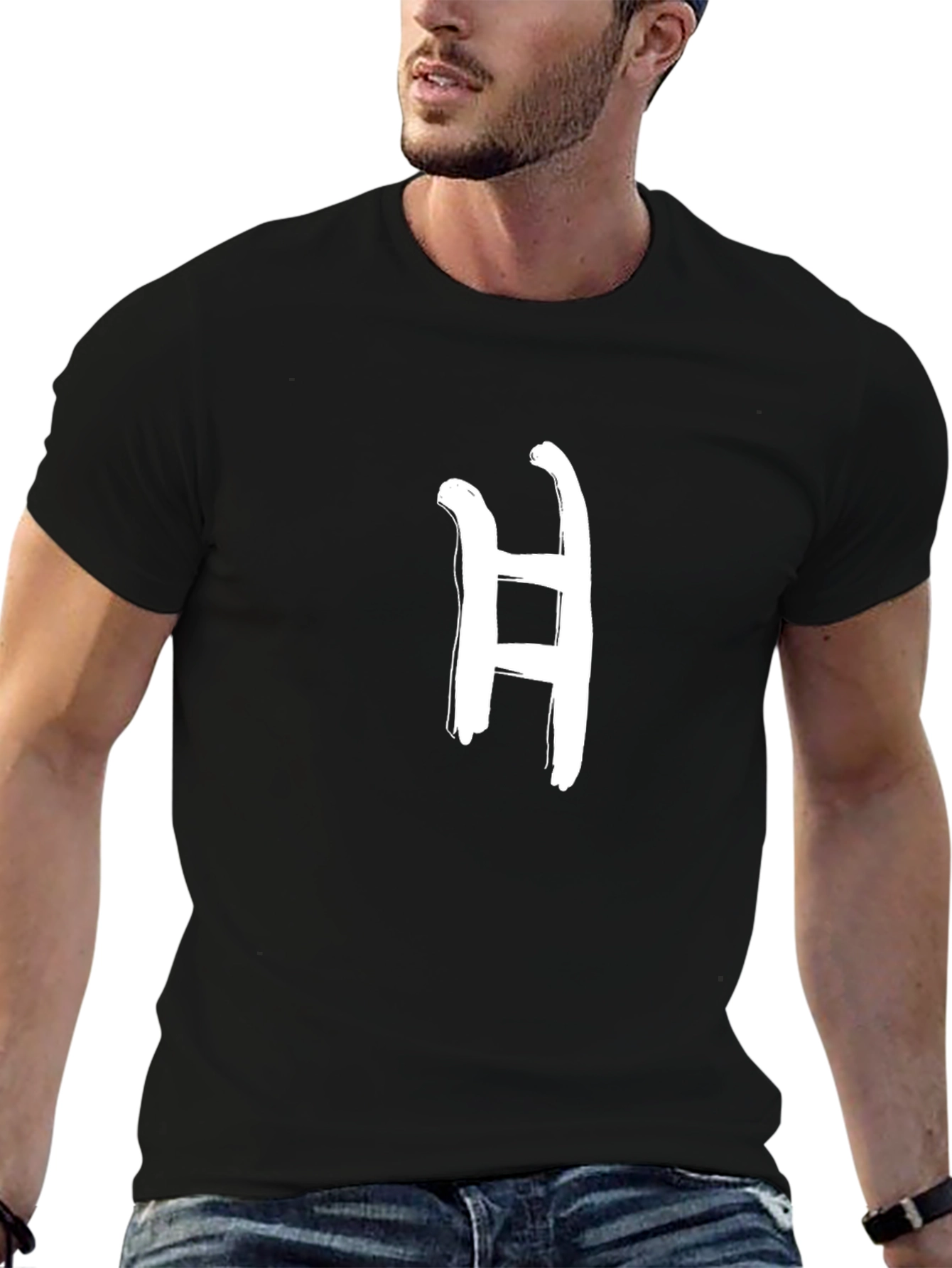 Black Men's Black T-Shirt with Letter H Graphic Print view 6