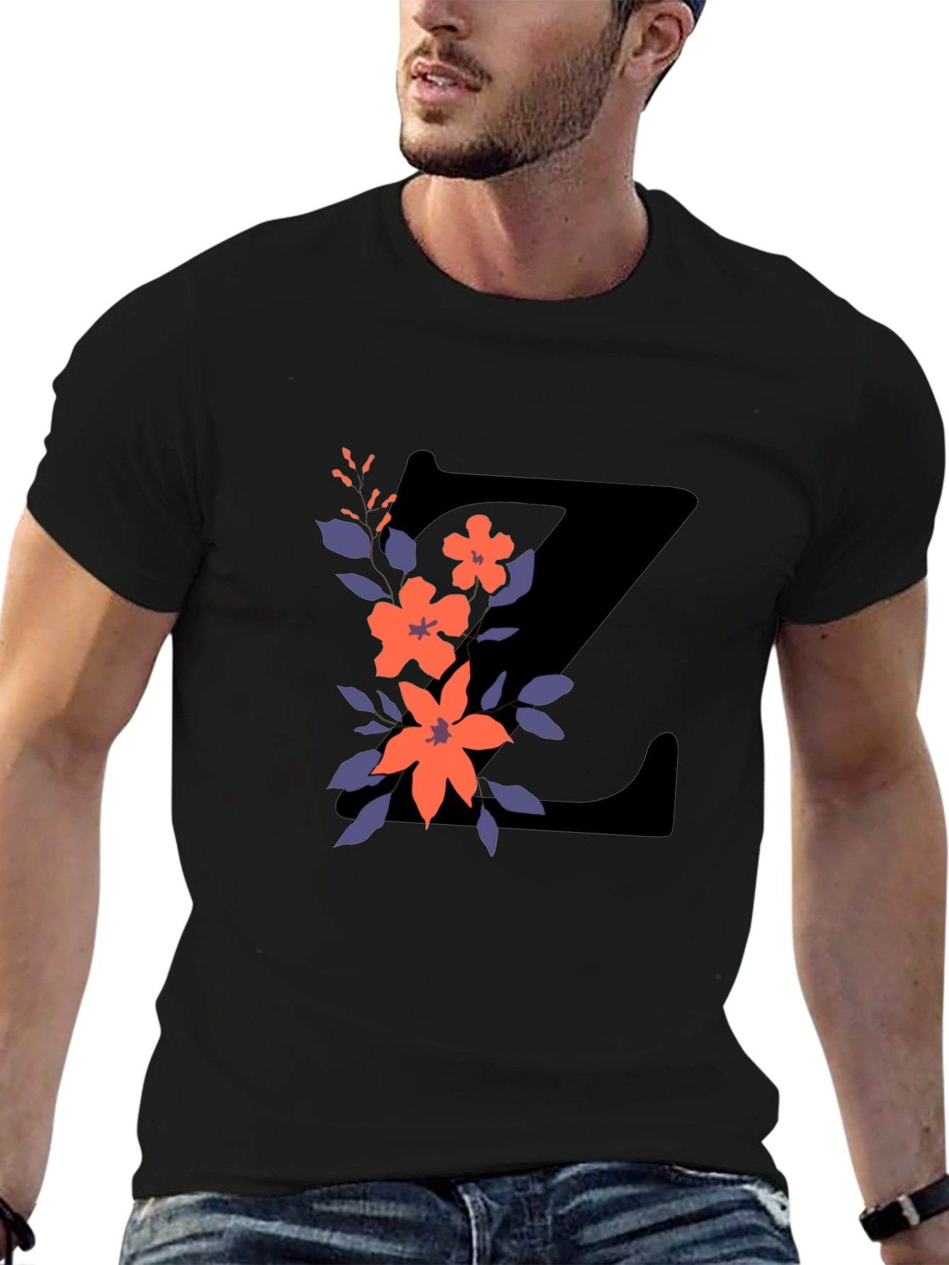 Black Floral Letter Z Black T-Shirt view 6