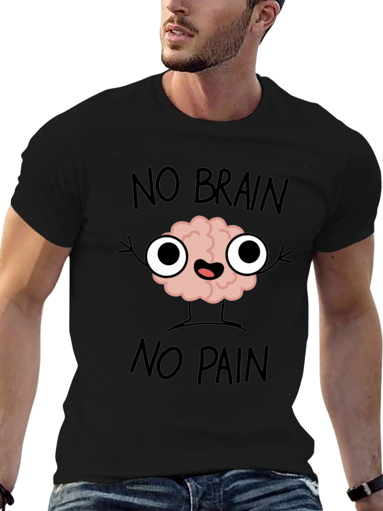 Black No Brain No Pain T-Shirt - Funny Graphic Tee view 6