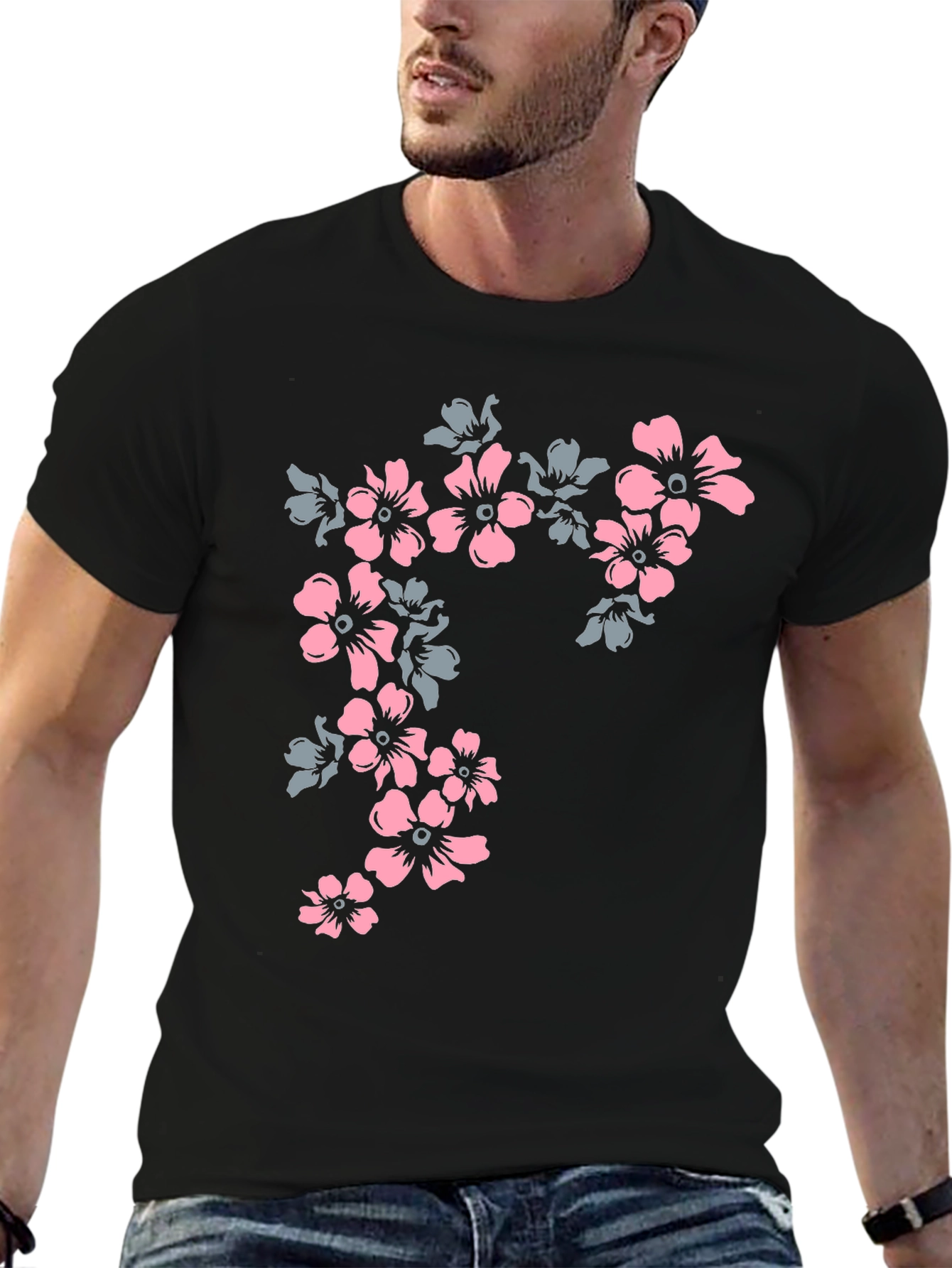 Black Floral Print Tee - Black Casual T-Shirt view 6