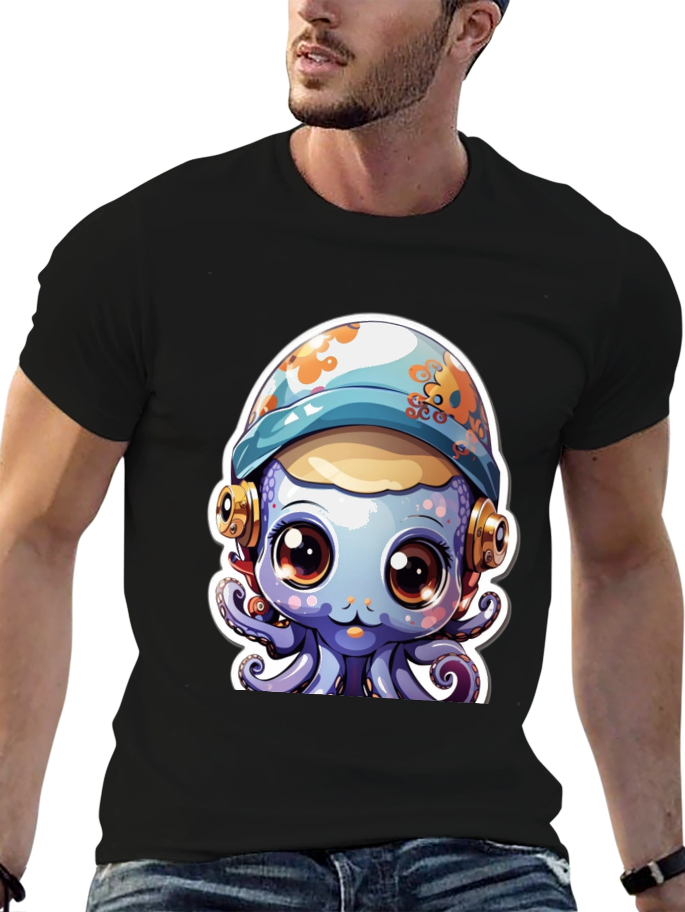 Black Cute Octopus Tee - Unique Graphic T-Shirt view 6