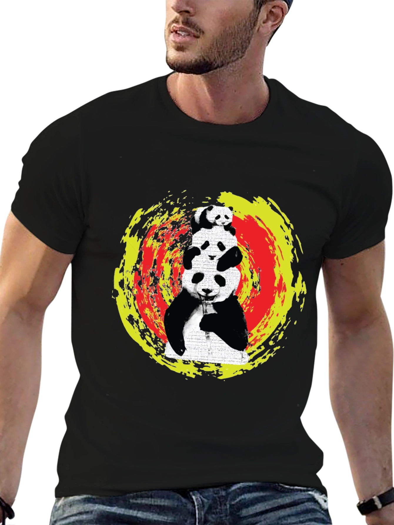 Black Stacked Panda Graphic Tee - Black Cotton Blend view 6