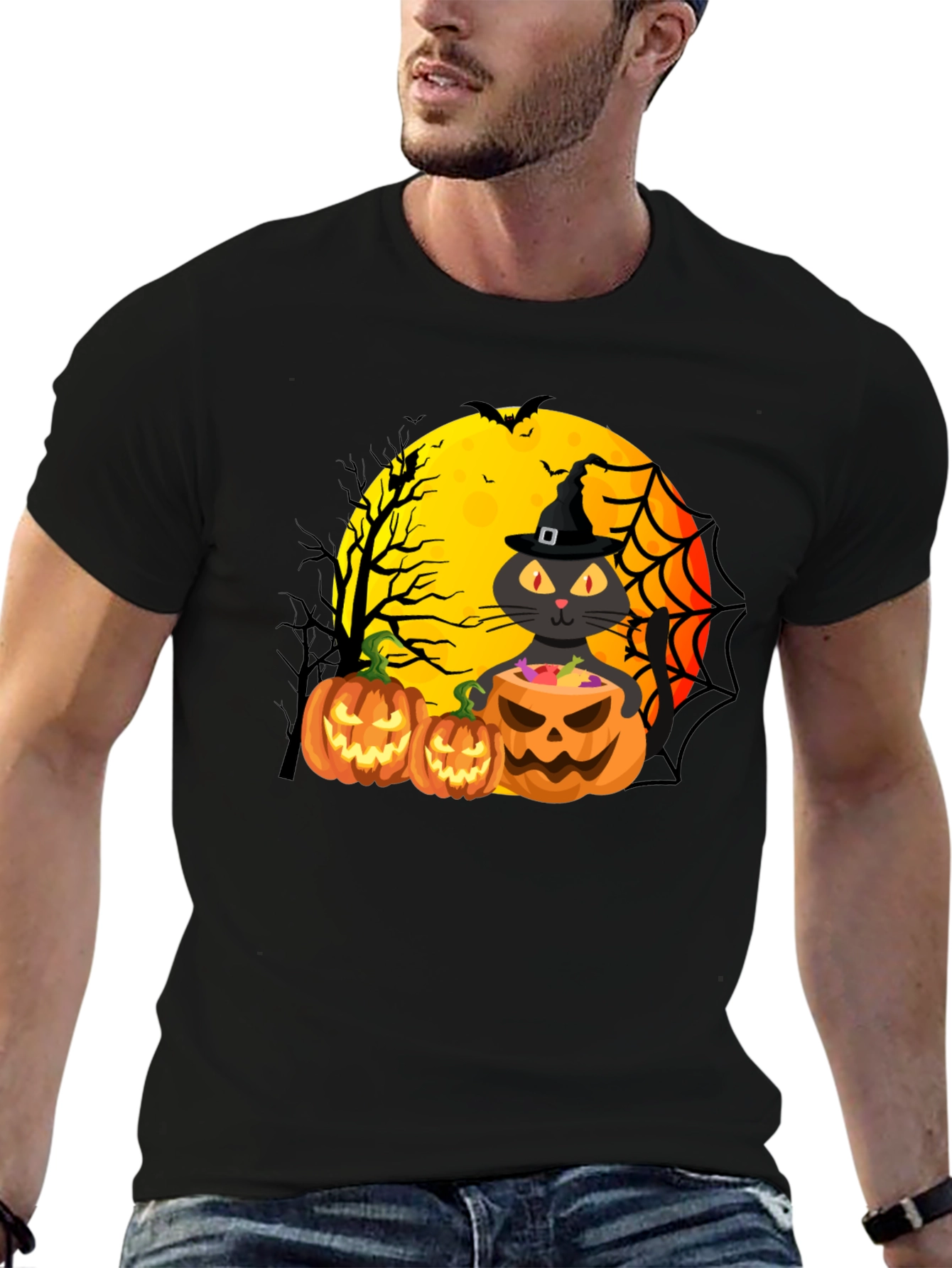 Black Halloween Cat & Pumpkins Black T-Shirt view 6