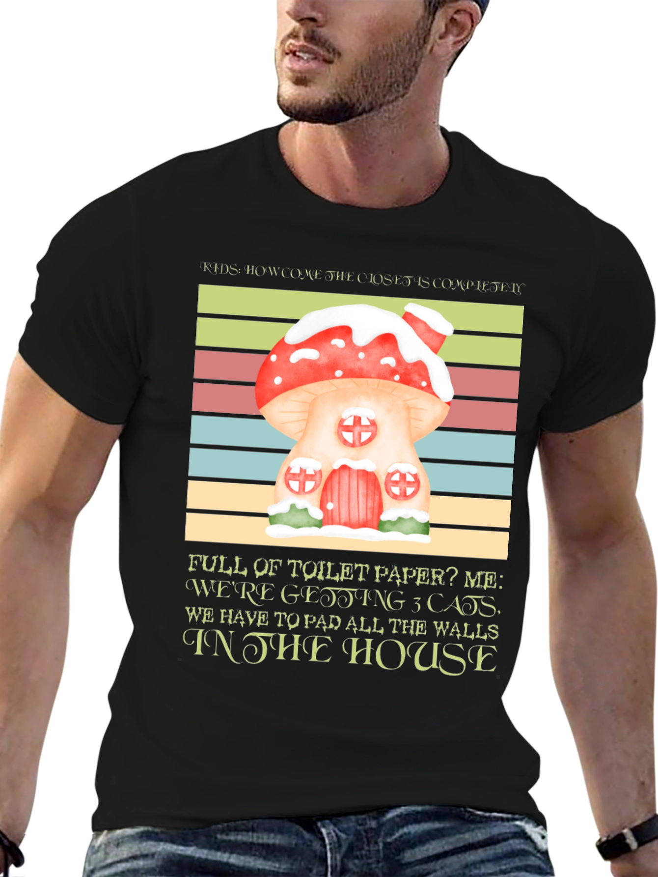 Black Mushroom House Cat Lover T-Shirt view 6