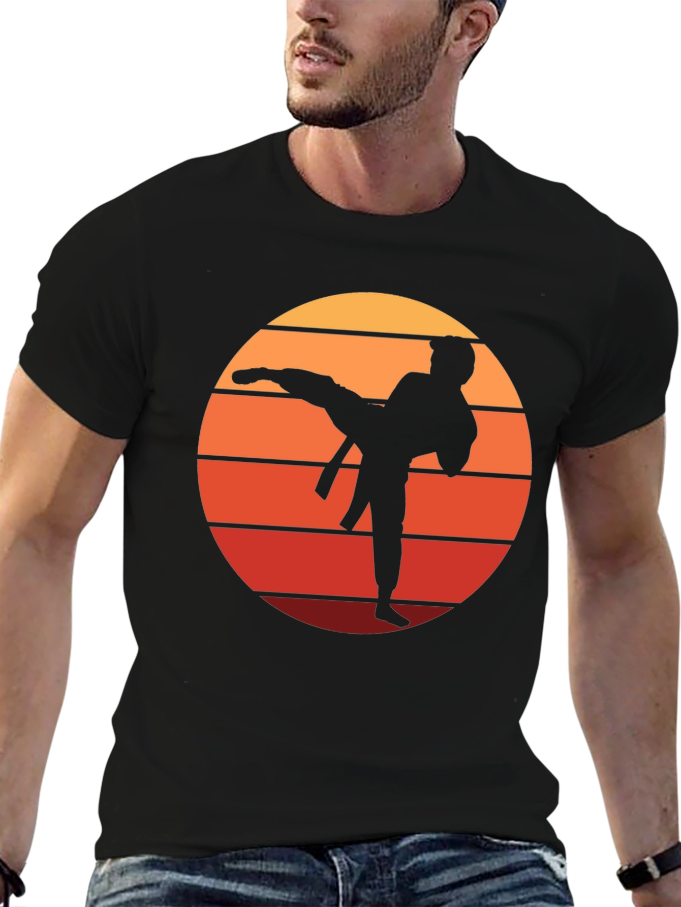Black Karate Sunset Graphic Tee - Martial Arts Silhouette T-Shirt view 6