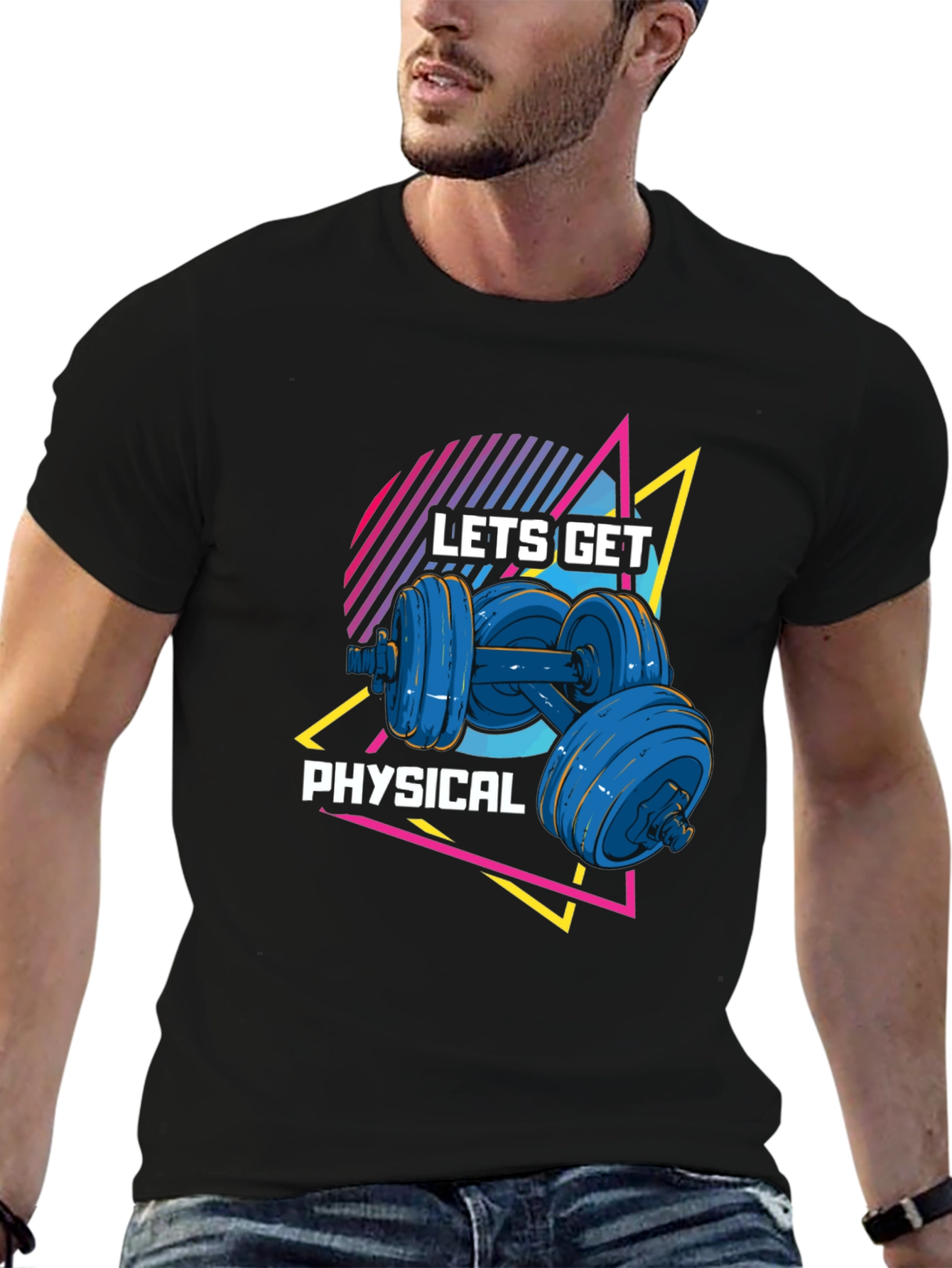 Black Lets Get Physical Black T-Shirt Retro Dumbbell Design view 6