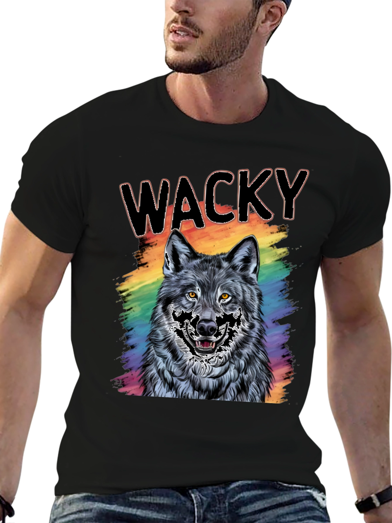Black Wacky Wolf Graphic Tee - Colorful Animal T-Shirt view 6