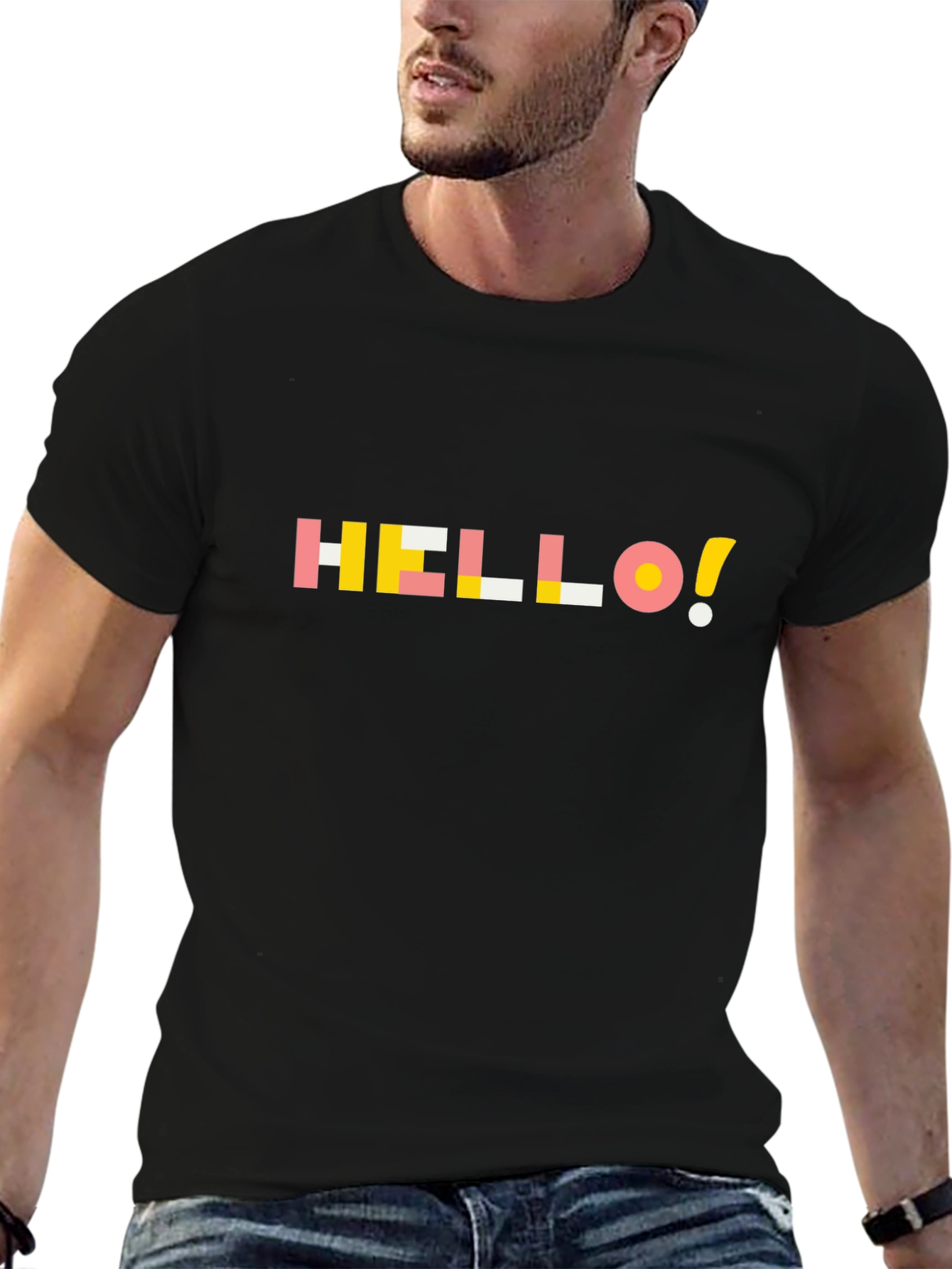 Black Geometric Hello Graphic Tee - Soft Black Cotton view 6