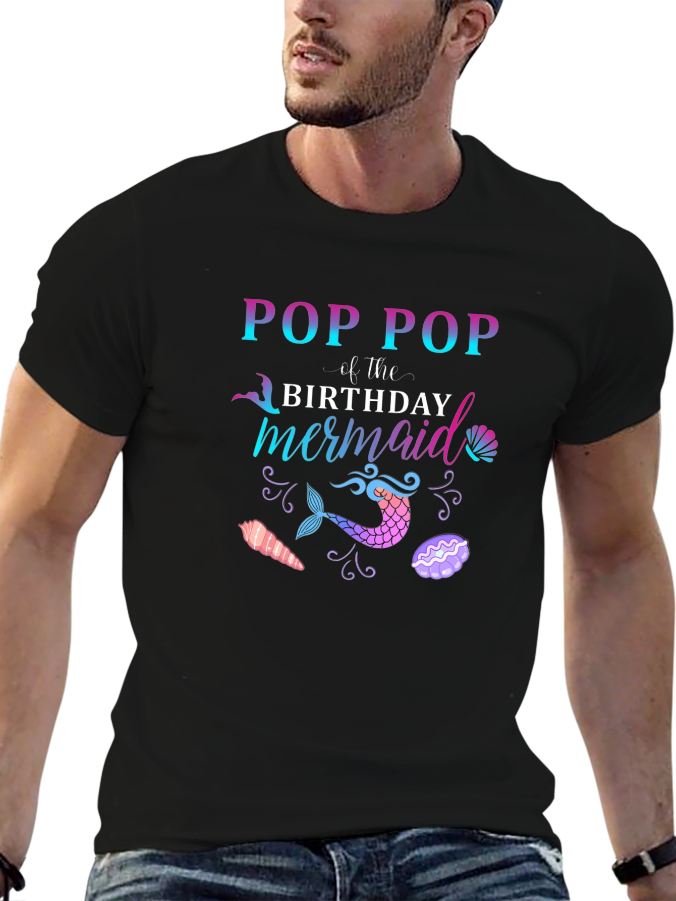 Black Pop Pop Mermaid Birthday T-Shirt view 6