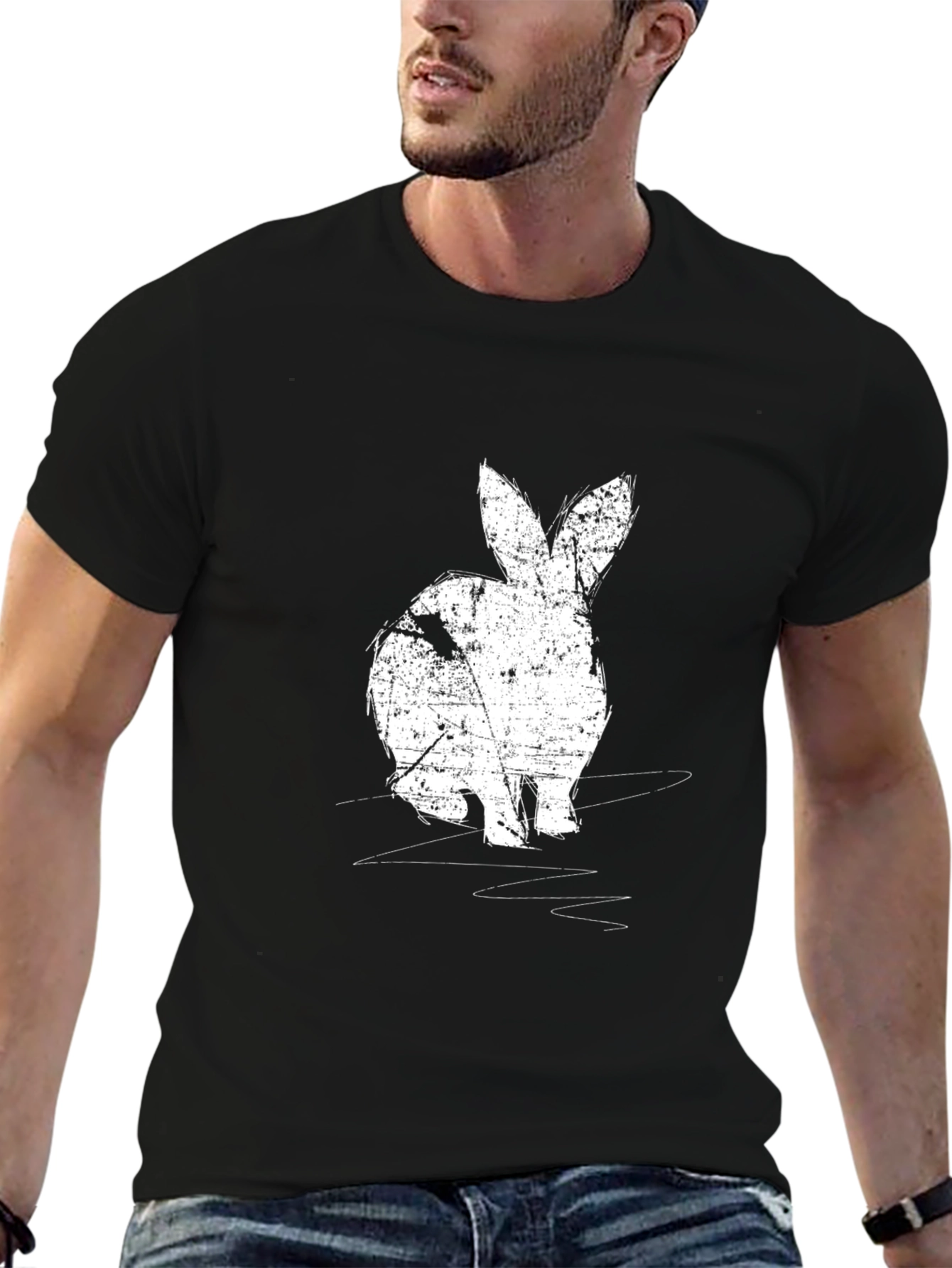 Black Rabbit Graphic Print Black Crewneck T-Shirt view 6