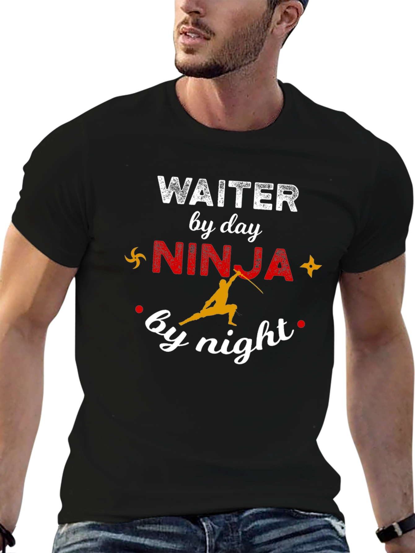 Black Waiter by Day Ninja by Night Graphic Tee view 6