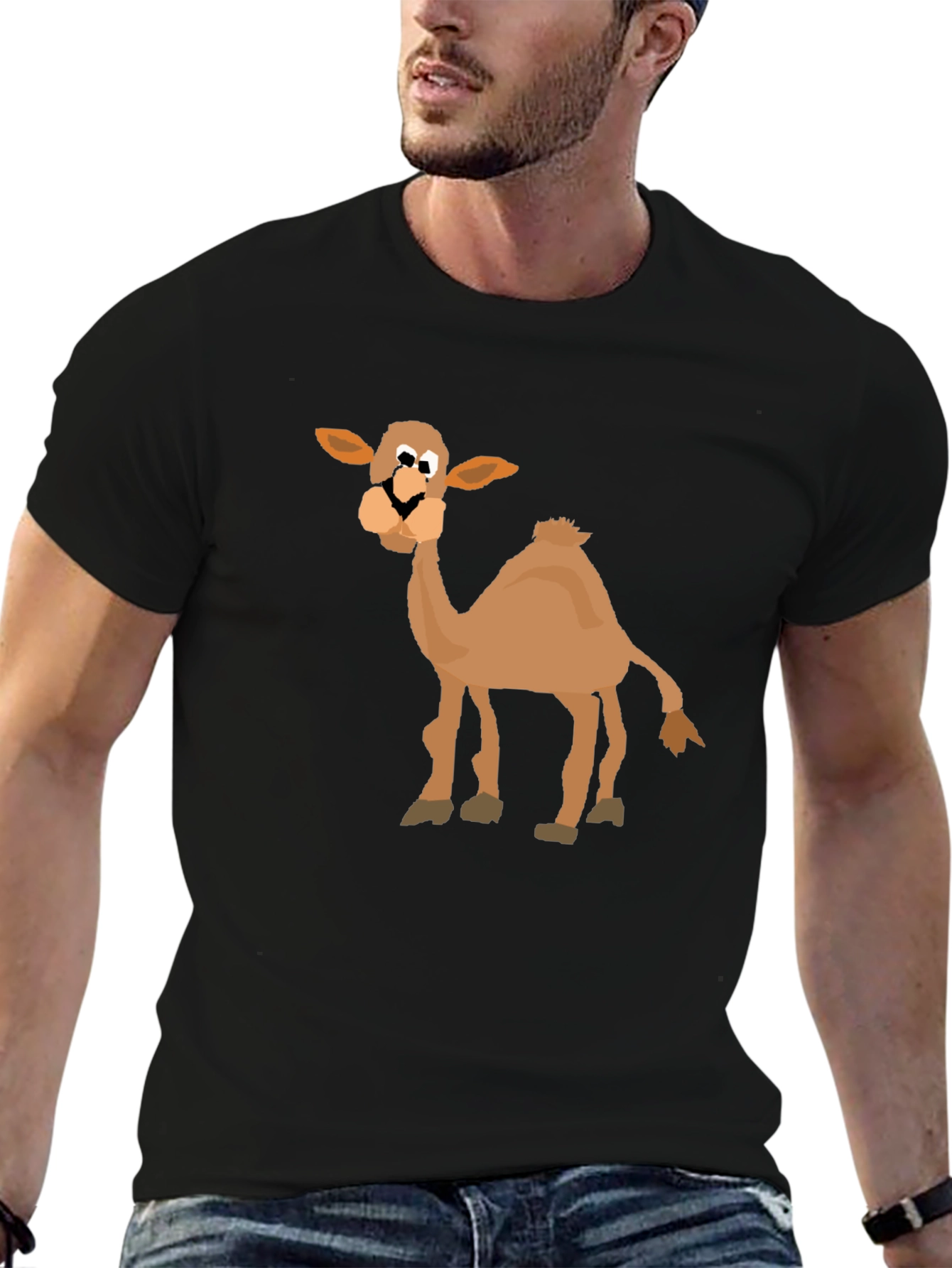 Black Cartoon Camel Graphic T-Shirt - Black Cotton Blend view 6