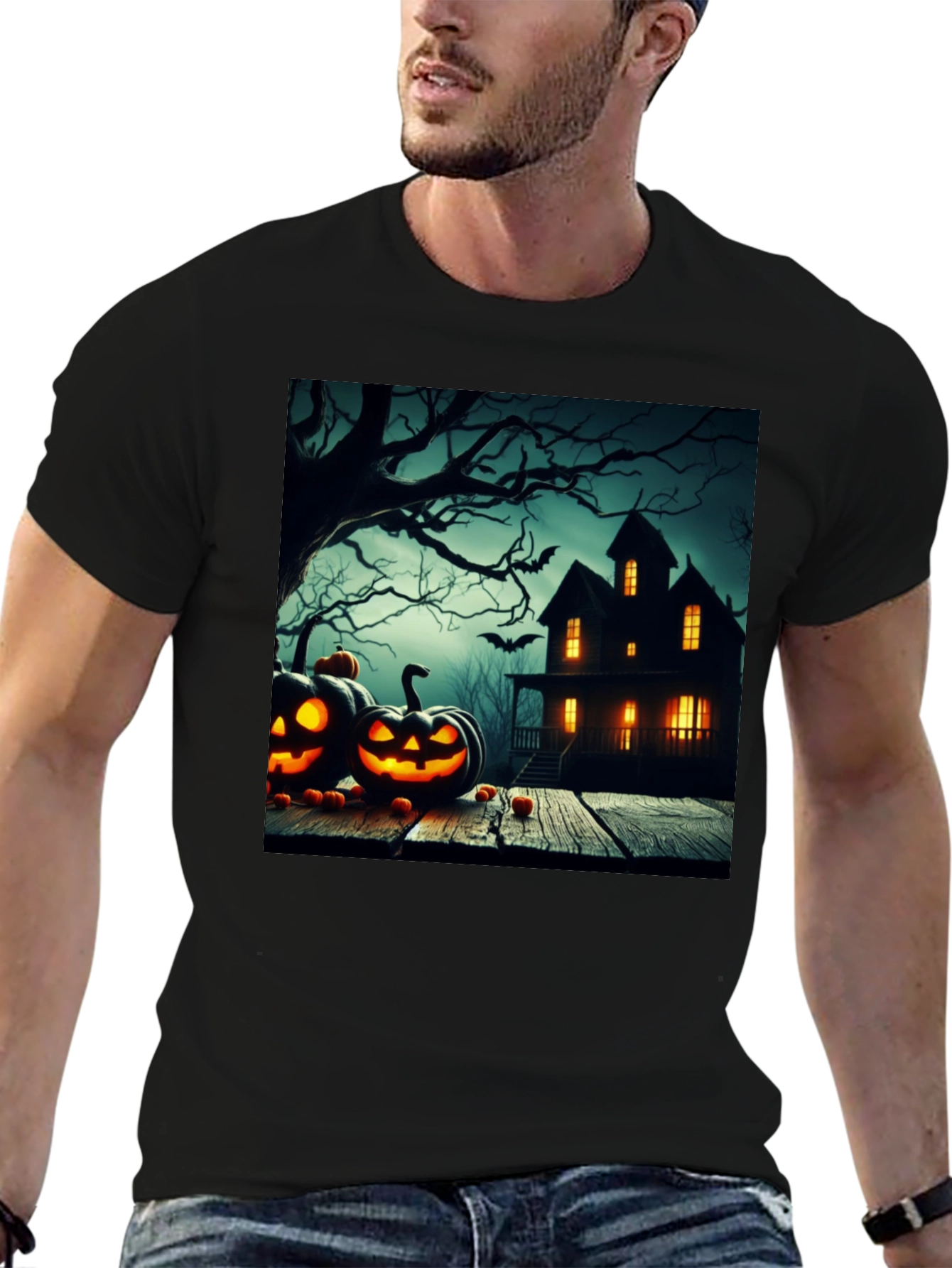 Black Halloween Haunted House T-Shirt view 6
