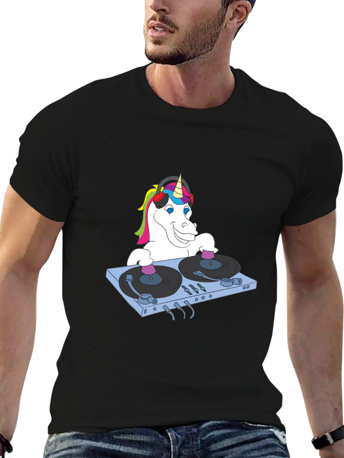Black DJ Unicorn Graphic T-Shirt - Funky Music Lover Tee view 6