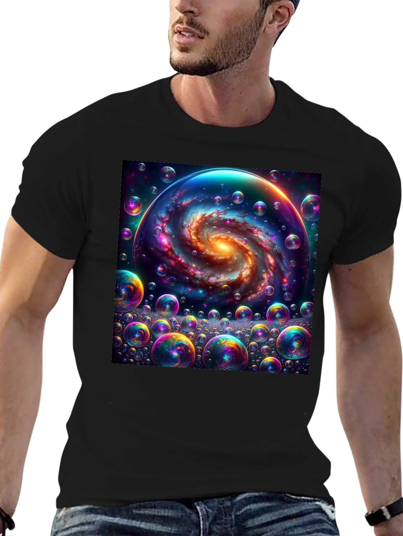 Black Galaxy Bubbles Graphic Tee - Cosmic Style view 6
