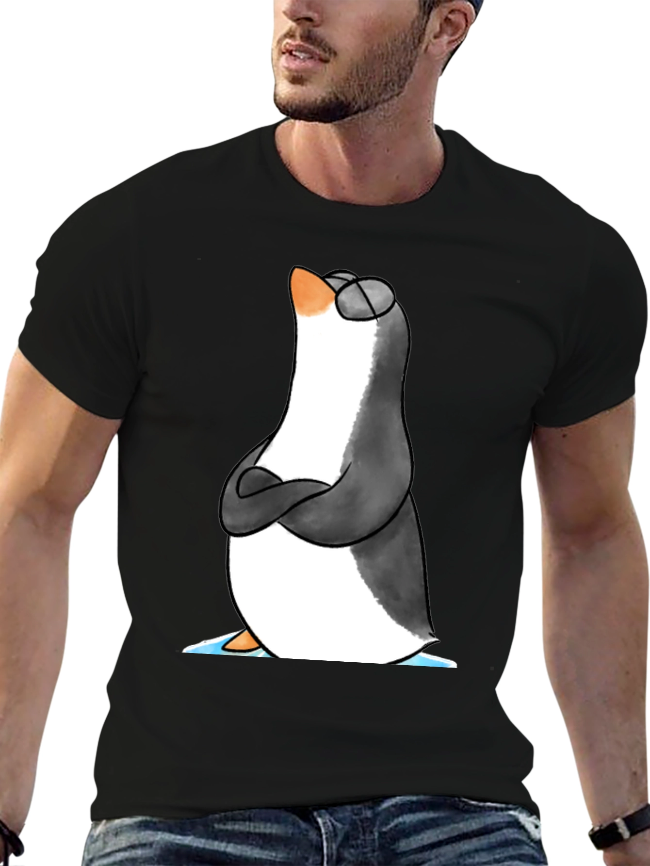 Black Cool Penguin Graphic Tee - Black Cotton T-Shirt view 6