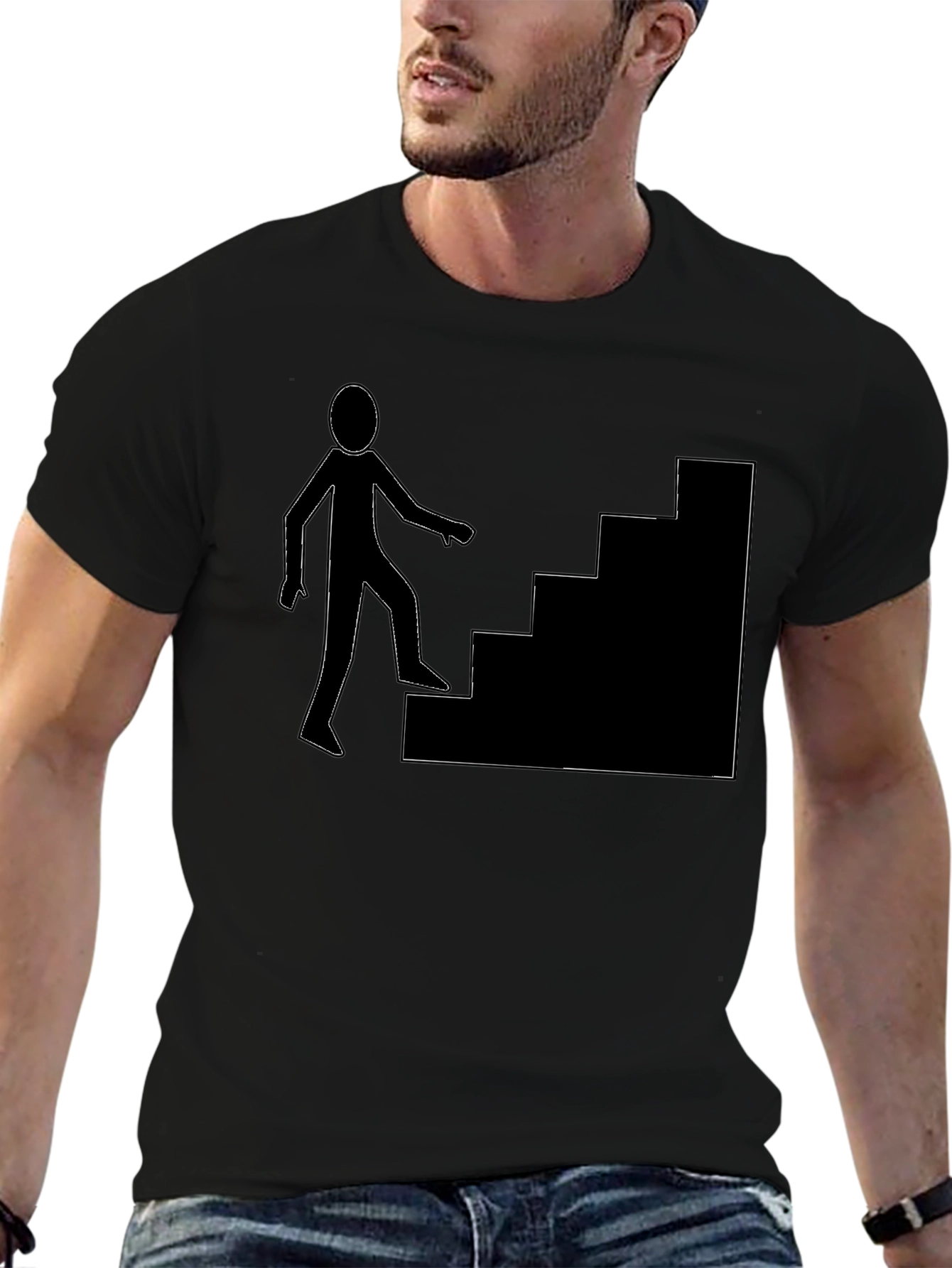 Black Men's Black T-Shirt with Stairs Graphic view 6