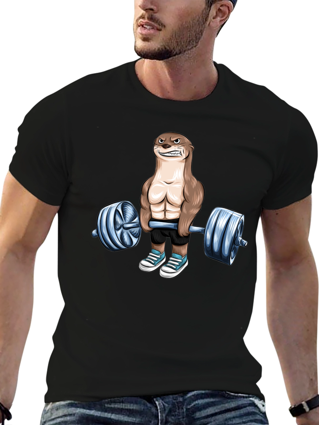 Black Funny Otter Lifting Weights T-Shirt Gym Lover view 6