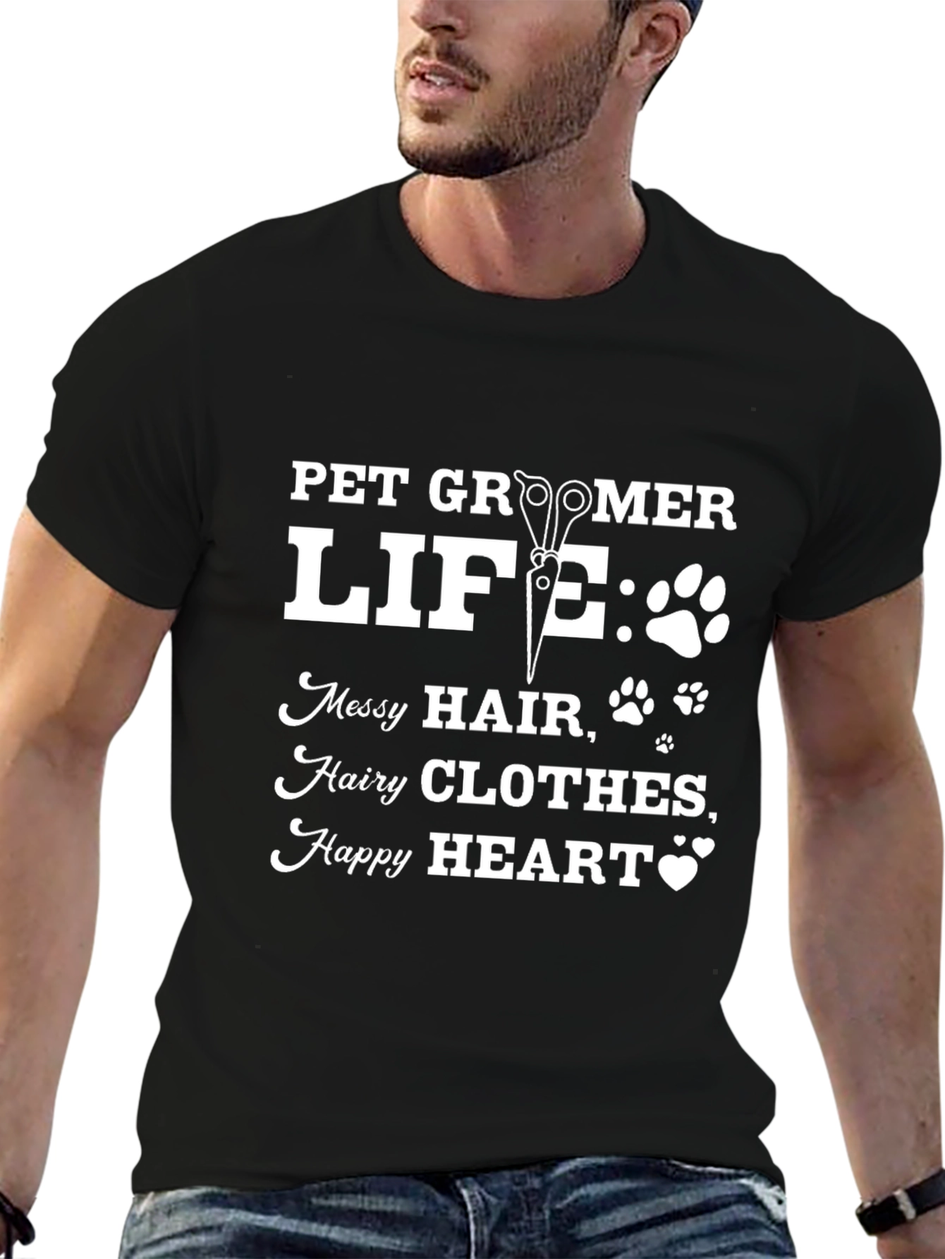 Black Pet Groomer Life Graphic T-Shirt - Messy Hair, Happy Heart view 6