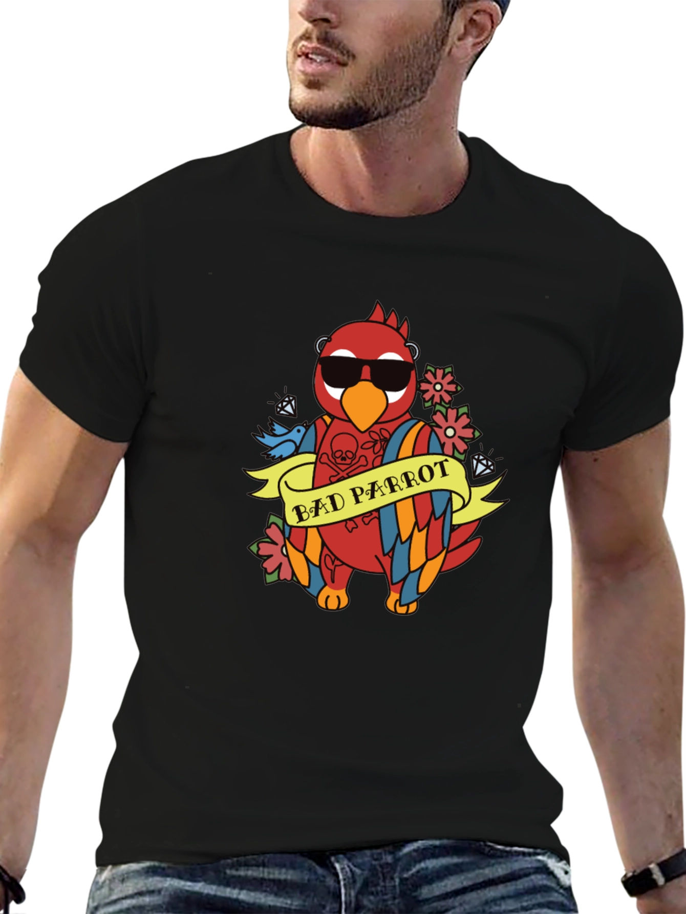 Black Bad Parrot Graphic Tee - Funny Animal T-Shirt view 6