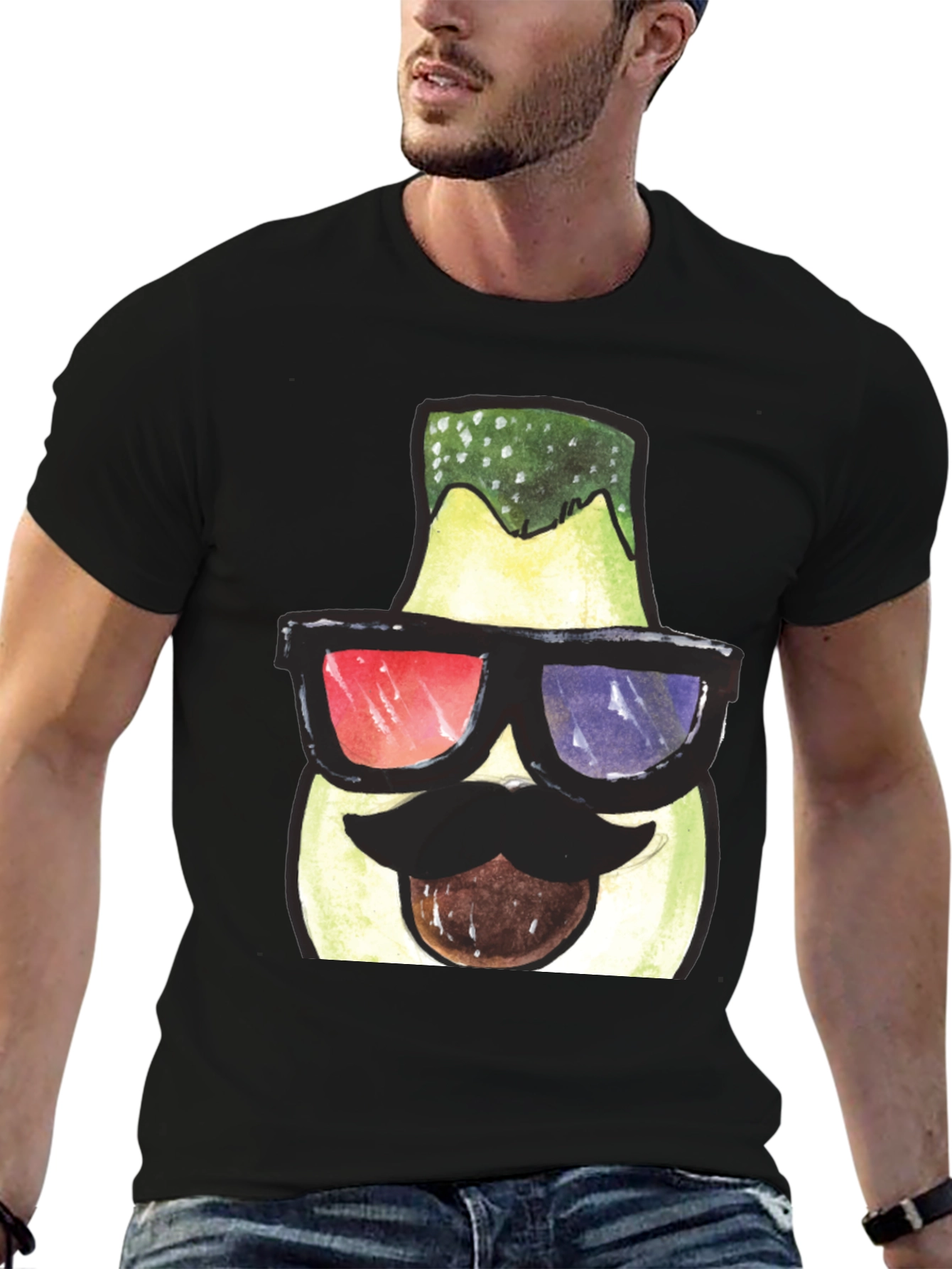 Black Funny Avocado 3D Glasses Graphic T-Shirt view 6