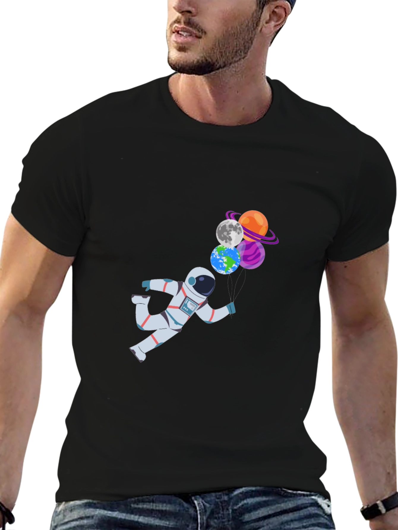 Black Astronaut & Planet Balloons Graphic T-Shirt view 6