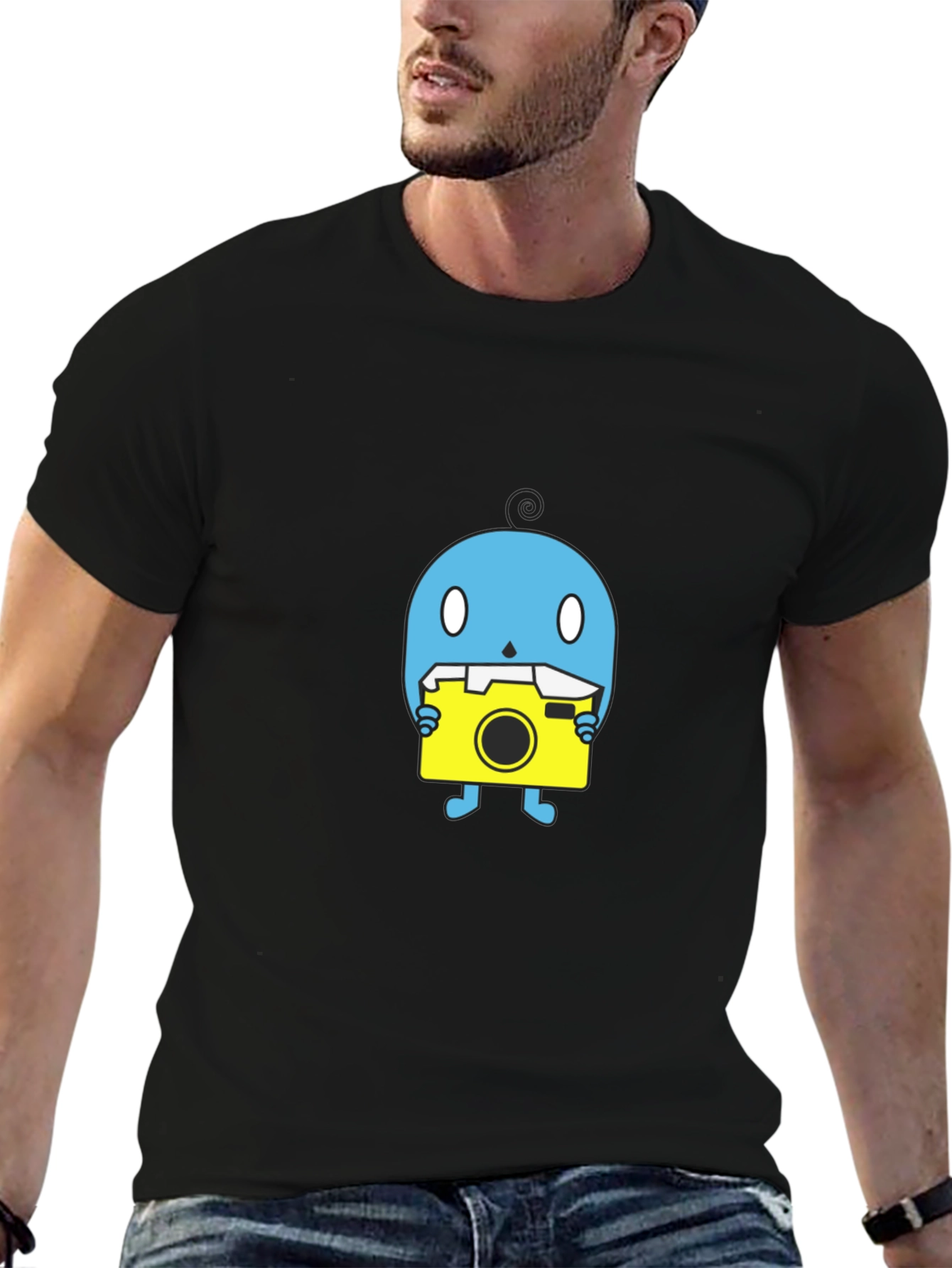 Black Funky Blue Creature with Camera Black T-Shirt view 6