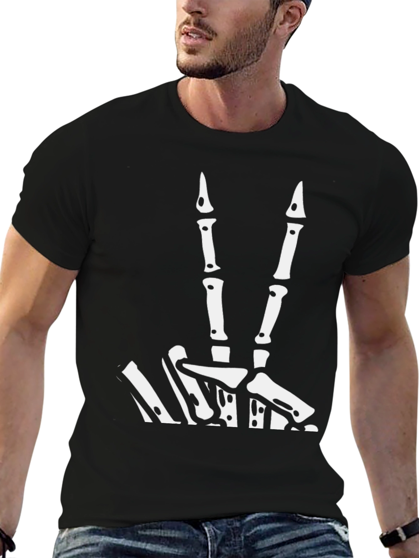 Skeleton Hand Peace Sign Graphic Tee - Black - 6