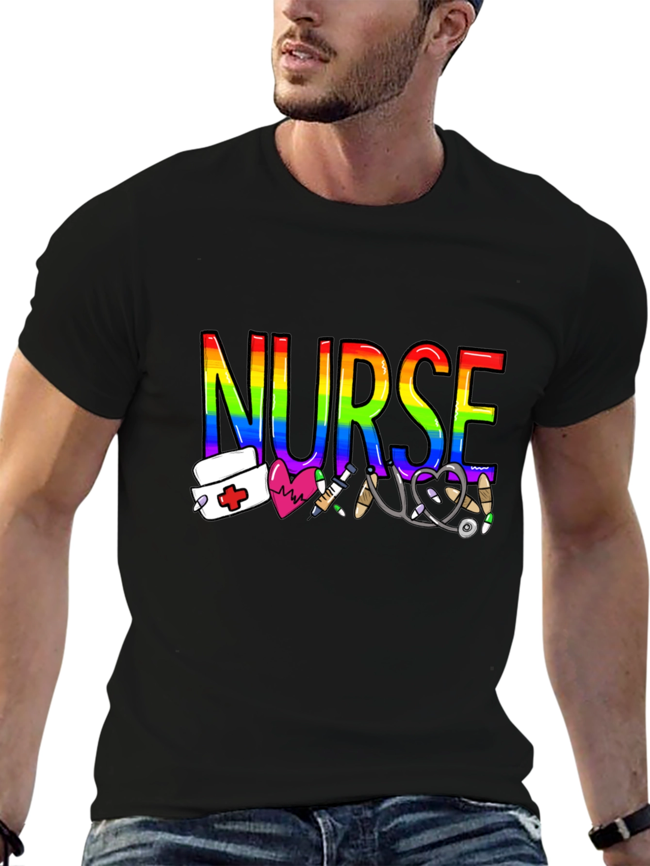 Black Rainbow Nurse Graphic T-Shirt - Medical Pride Tee view 6