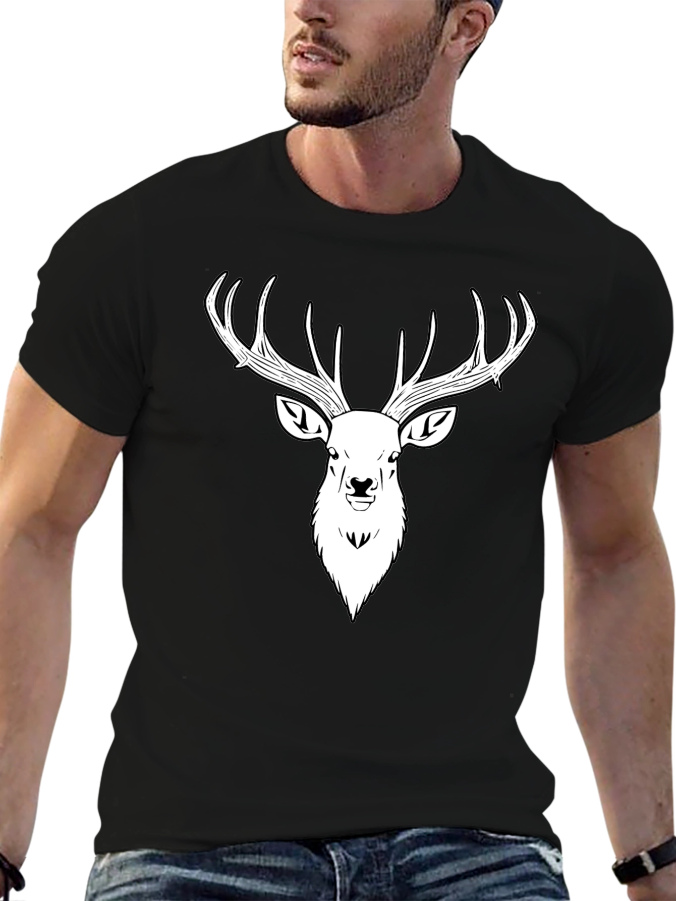 Black Men's Black T-Shirt with Stag Head Print view 6