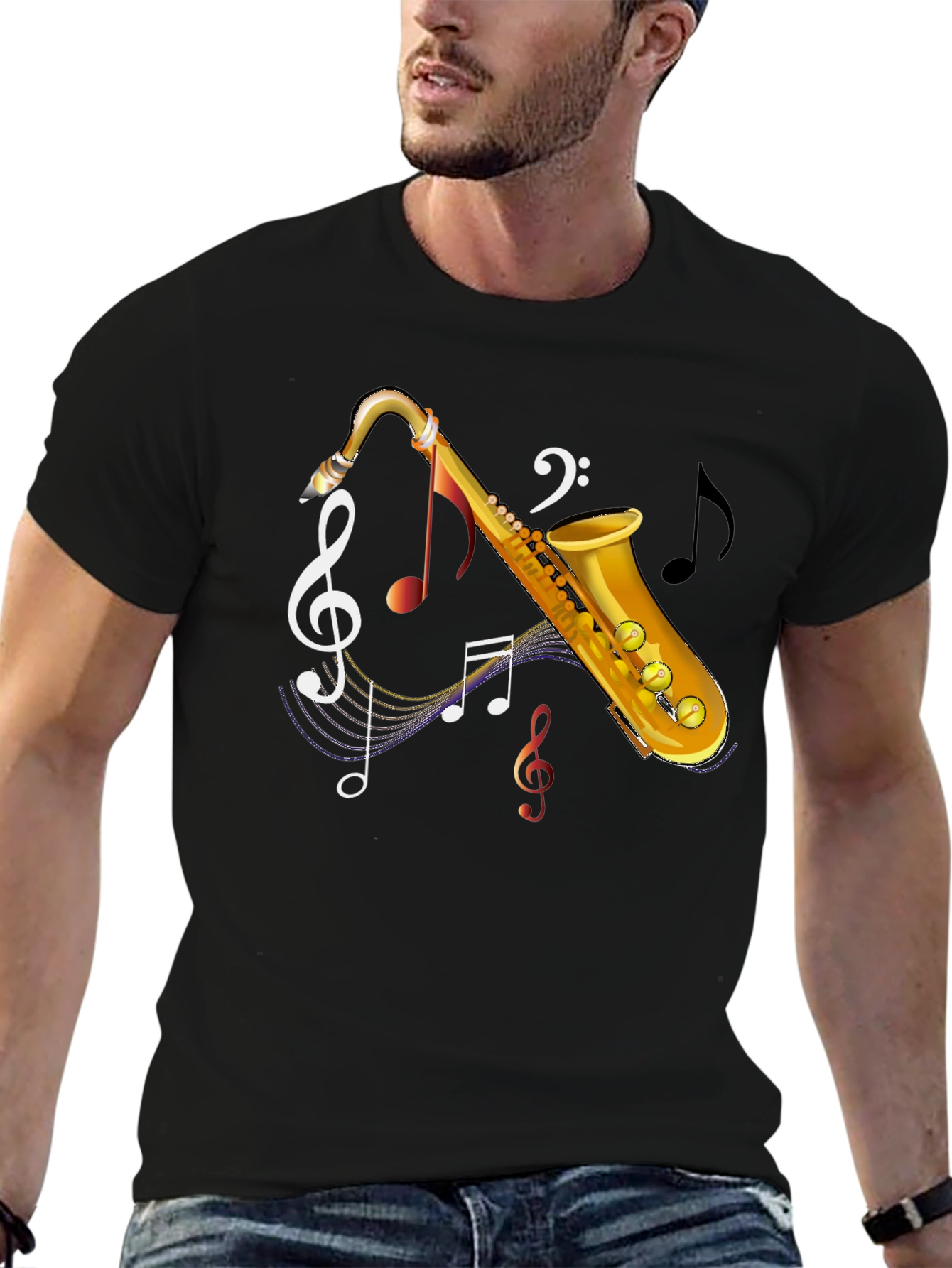 Black Saxophone Music Notes Graphic T-Shirt view 6