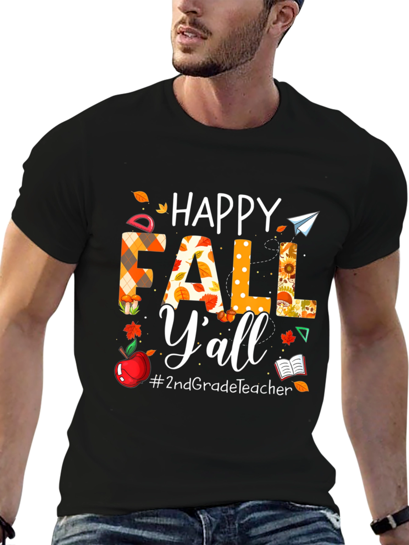 Black Happy Fall Y'all Teacher T-Shirt view 6