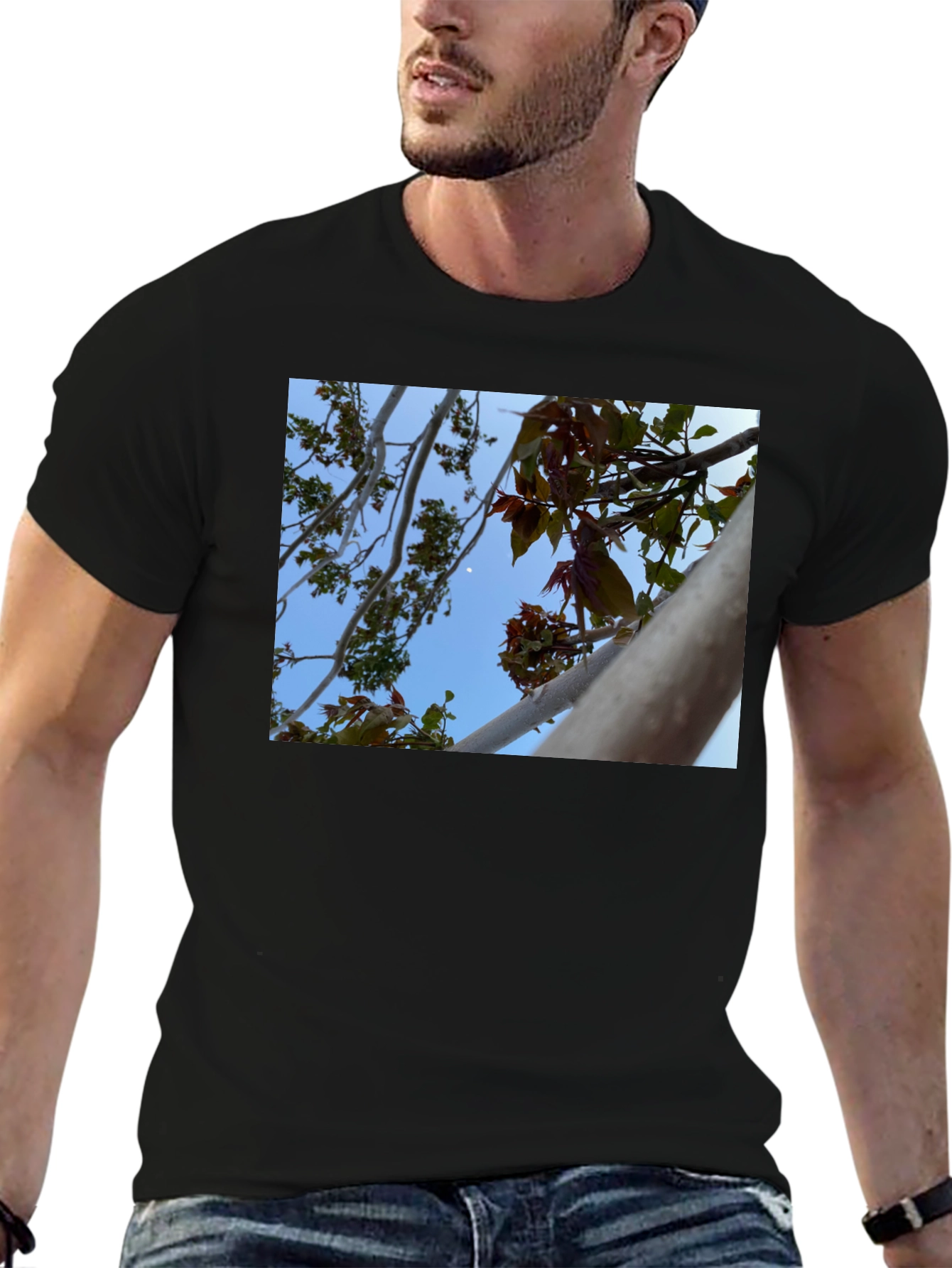 Black Nature View T-Shirt - Branches & Sky Design view 6