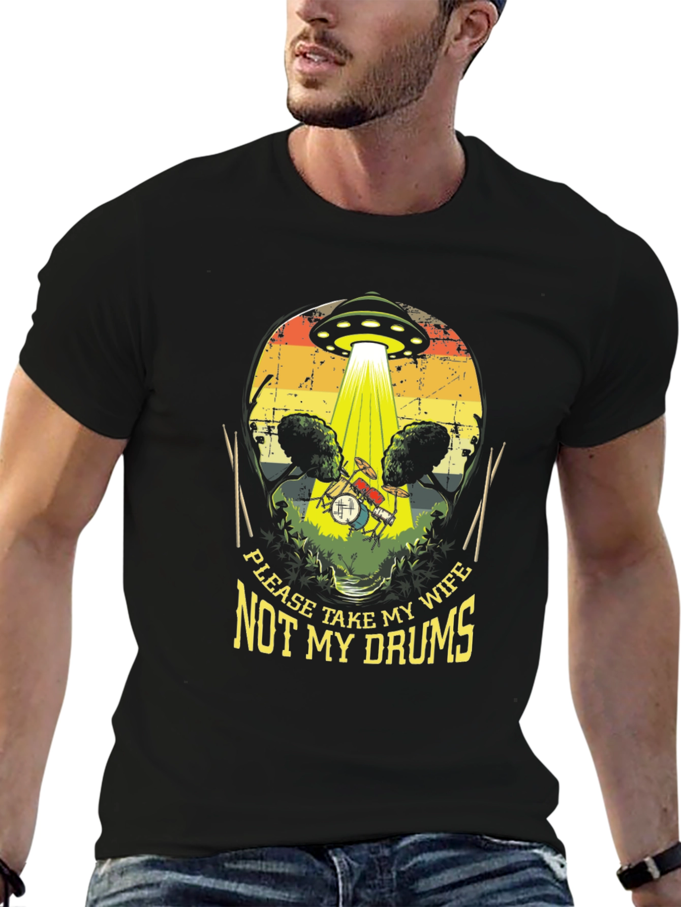 Black Funny UFO Abduction Drummer T-Shirt view 6