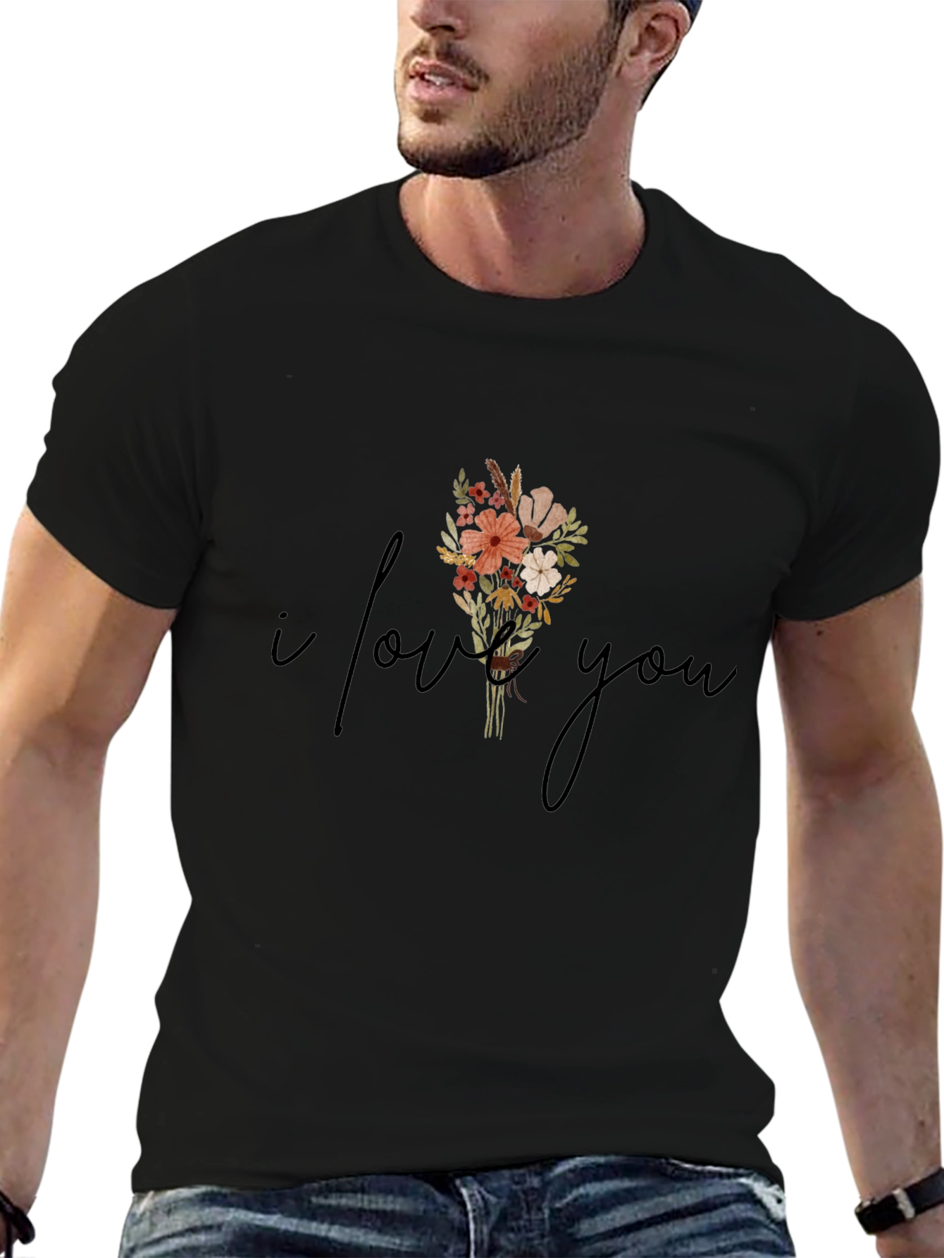 Black I Love You Floral Graphic Tee - Stylish Unisex T-Shirt view 6