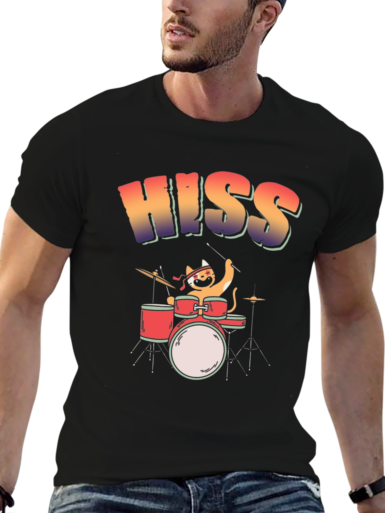 Black HISS Cat Drummer T-Shirt - Rock On! view 6